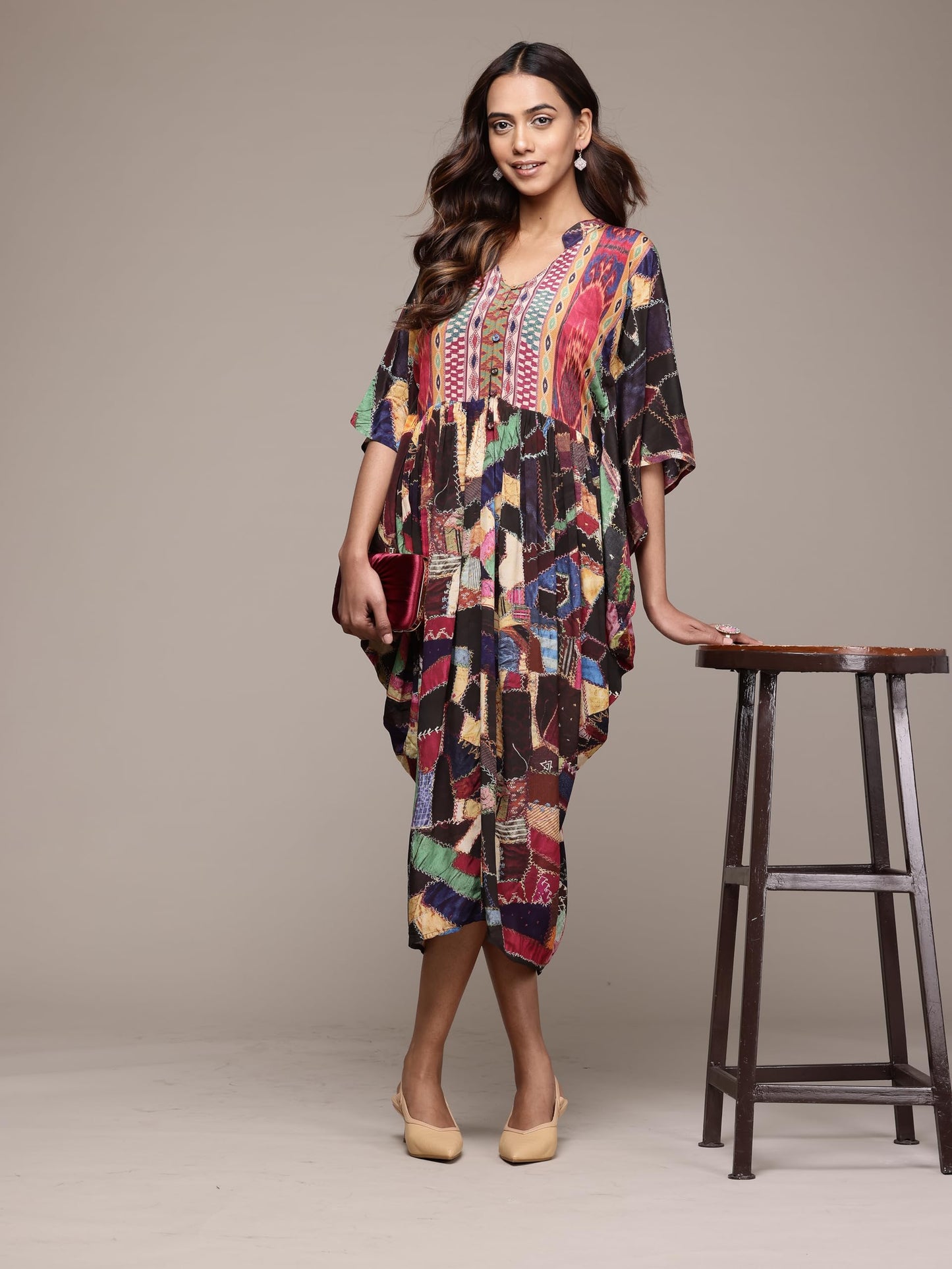 Ritu Kumar Brown Velvet Patchwork Kaftan Dress
