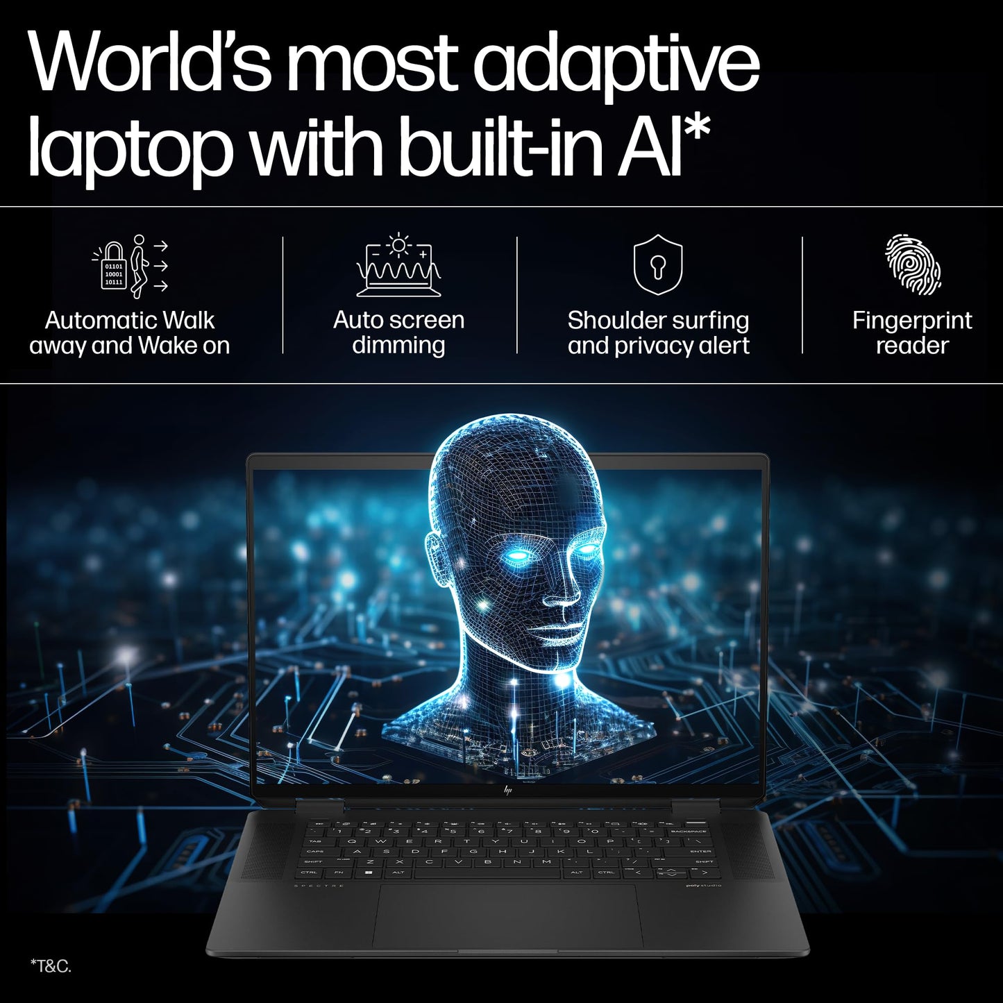 HP Spectre x360, Enhanced by AI, Intel Core Ultra 7 155H, 16-inch (40.6 cm), OLED 400 nits 120Hz, 32GB, 2TB SSD, Touch w/Pen, 9MP IR Camera w/Shutter, Poly Studio (Win 11, Black, 1.95 kg), aa0665TU