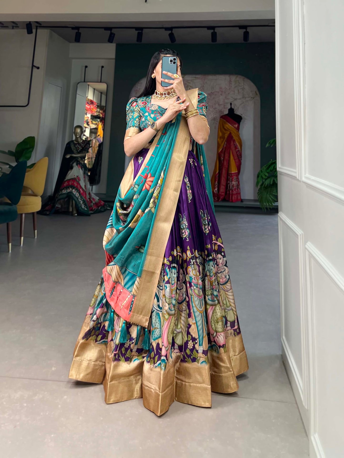 LooknBook Art Women's Floral Pattern Cotton Dola Silk Lehenga Choli Dupatta Set with Unstitched Blouse Piece and Zari Weave Type