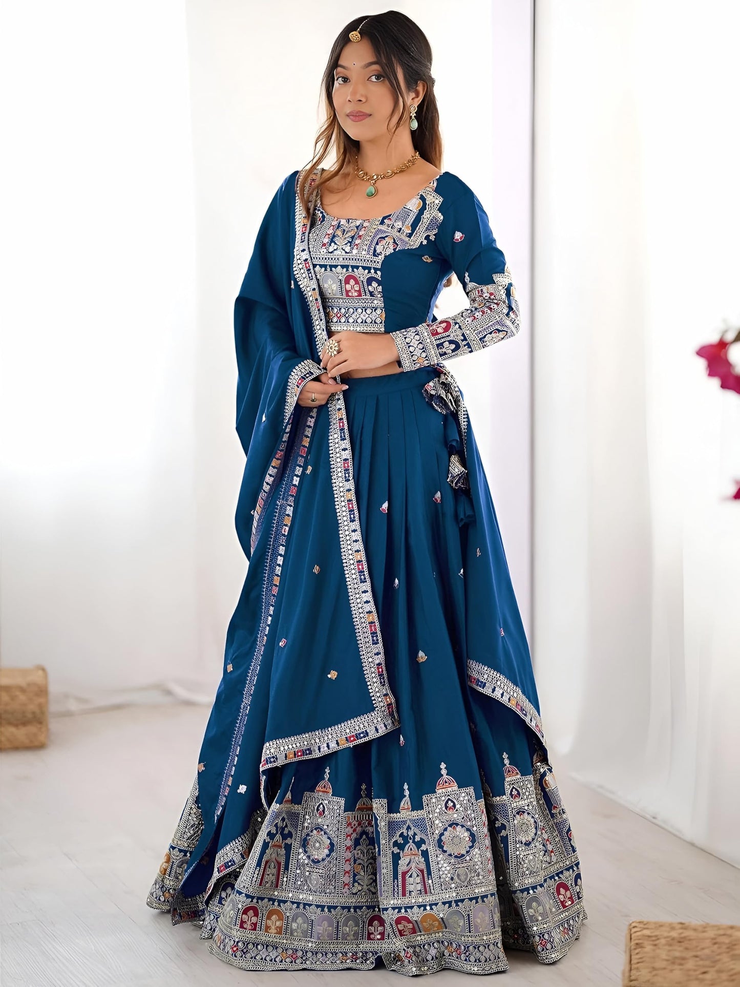 Zeel Clothing Women's Sequins Thread Embroidered French Crepe Lehenga Choli With Dupatta (5118-Dove-Blue-Women-Lehenga-Choli; Free size) (Dove Blue)