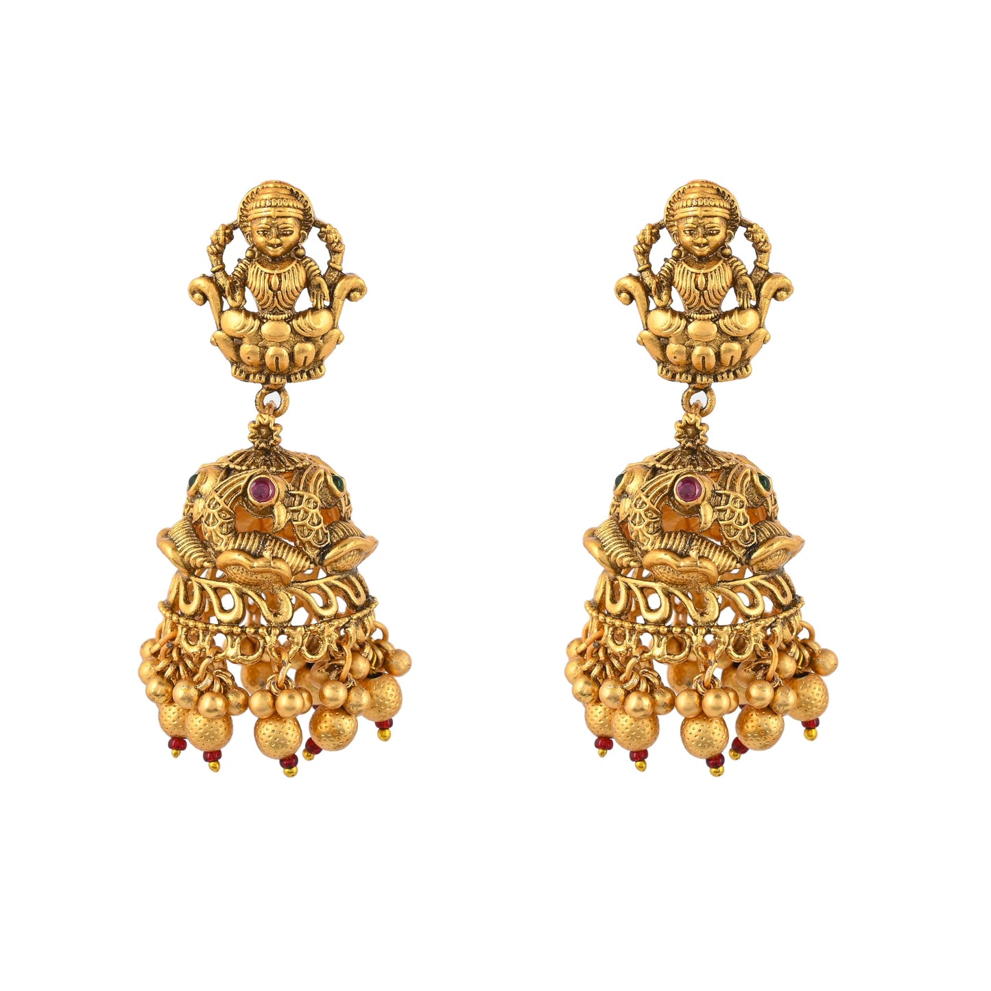 VOYLLA Faux Pearls and Kundan Adorned Brass Temple Jewellery Set