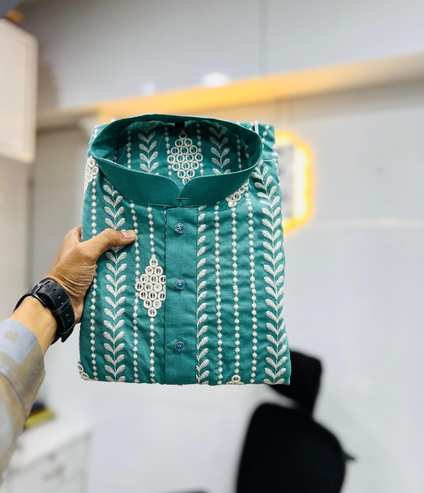 LAZZLY Sequin Embroidered Pure Cotton Kurta for Men | Knee Length | Festival | Ethnic Wear | Mirror Kurta | (in, Alpha, M, Regular, Pee_Rama)