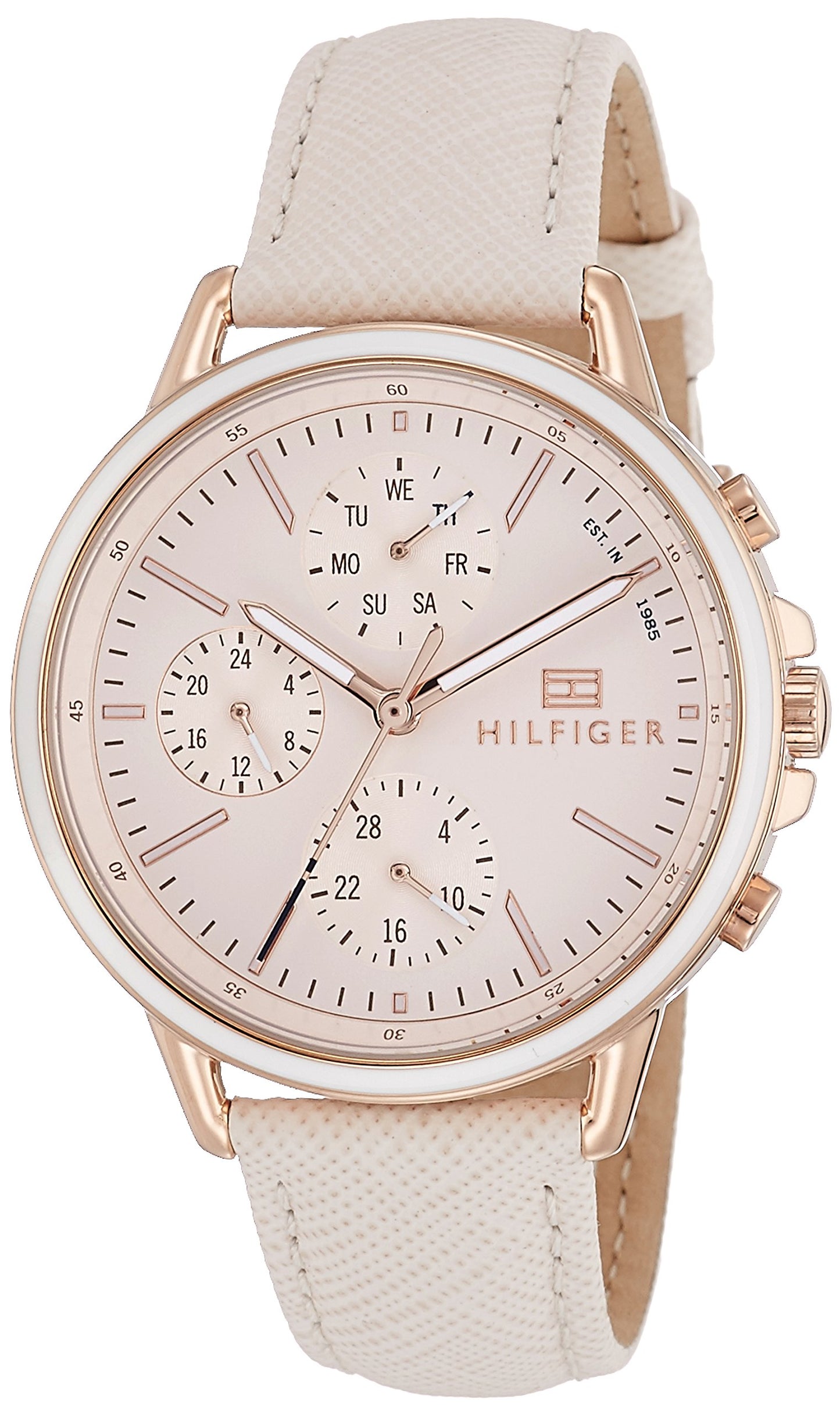 Tommy Hilfiger Quartz Analog with Day and Date Pink Dial Leather Strap Watch for Women-NETH1781789