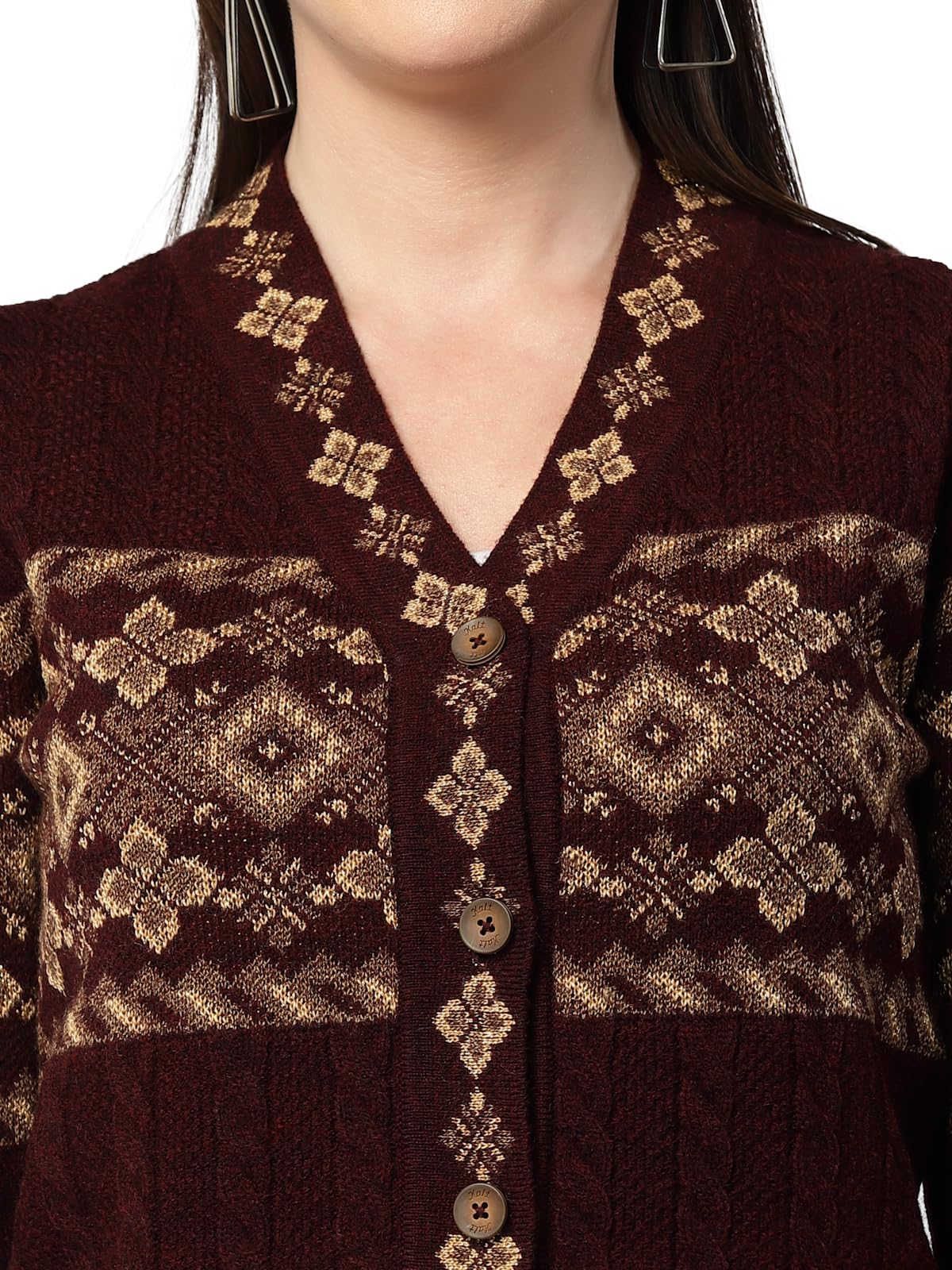 Kalt Women Sweater for Winter Woolen Acrylic Full Sleeves V-Neck Jacquard Design Cardigan Sweater for Women Winter Woollen Stylish(Maroon;7XL)