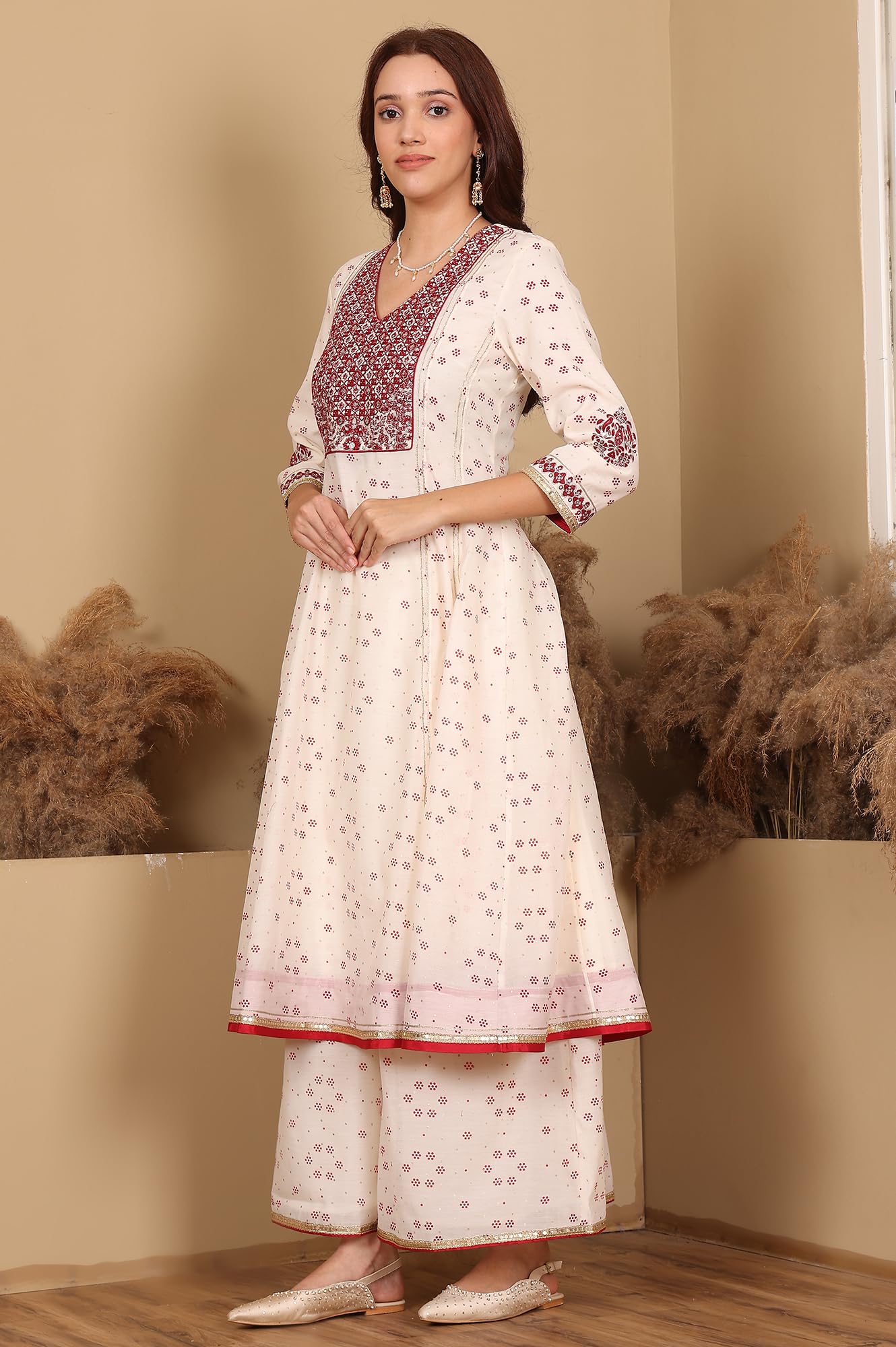 W for Woman Wishful Whisper White Dot Printed Embroidered Chanderi Anarkali Kurta, Flared Pants and Dupatta Set (Size: XXL)-24AUSP11726-124351