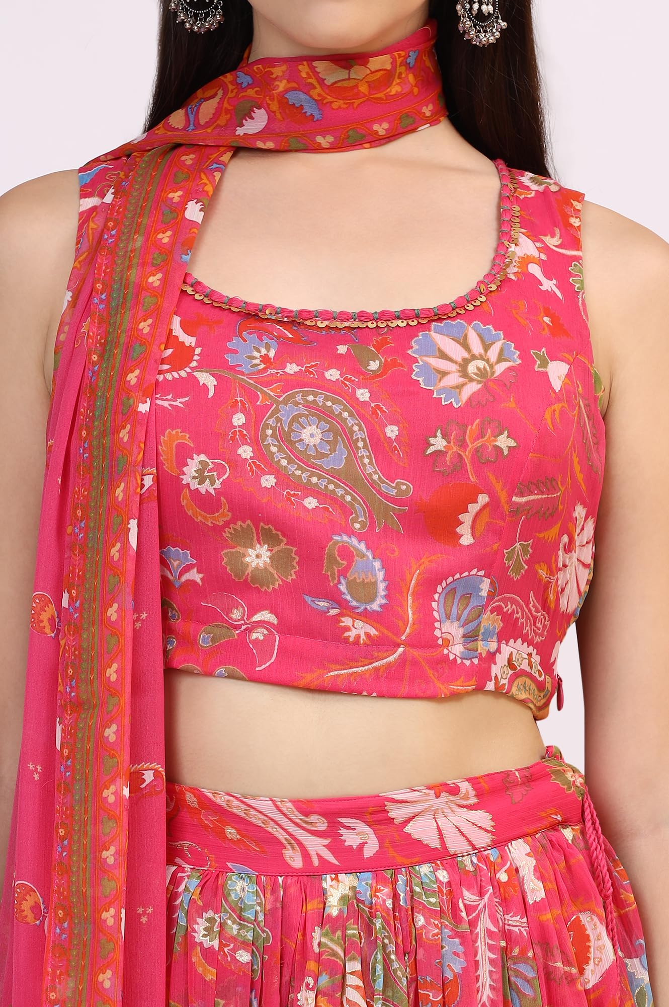 W for Woman Pink Floral Printed Embellished Chiffon Sleeveless Crop Top, Skirt and Dupatta Set (Size: L)-WS12117-124246