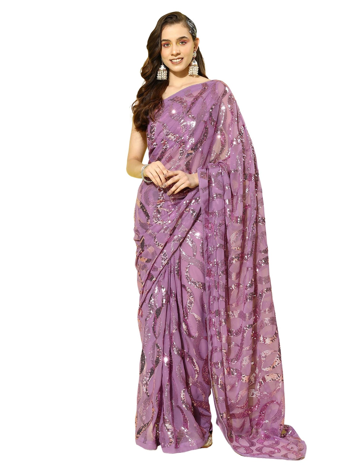 AKHILAM Women's Lavender Embellished Georgette Saree With Unstitched Blouse Piece
