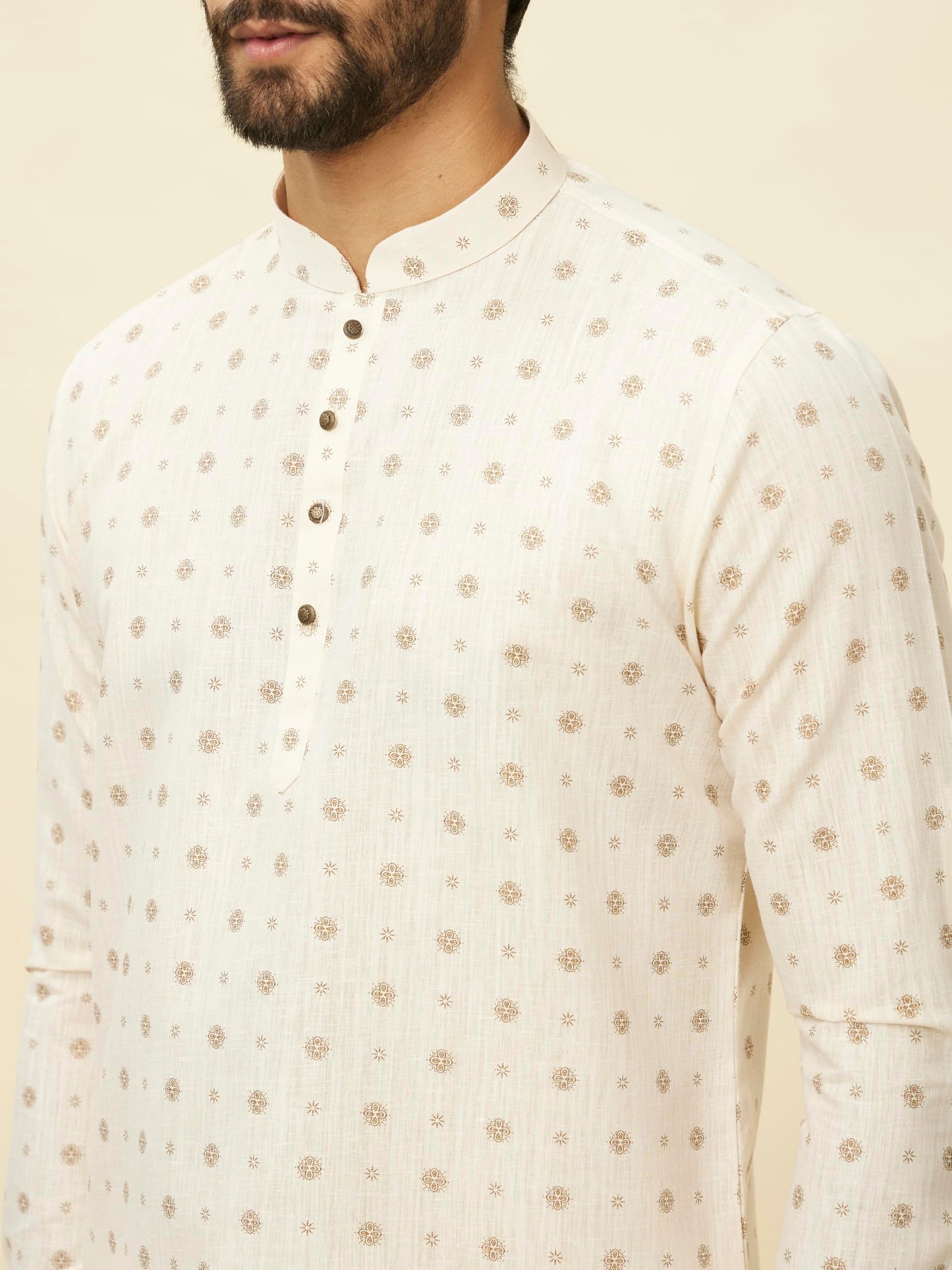 Manyavar Printed Casual Full Sleeves Short Kurta for Men - (Beige, Large)