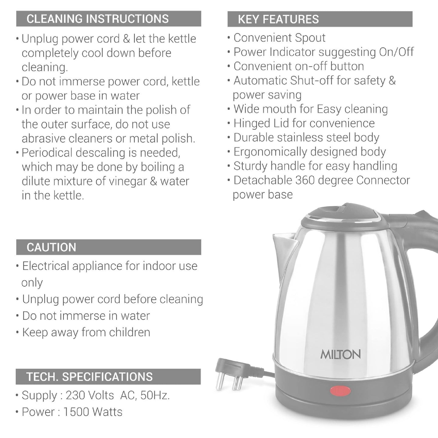 Milton Euroline Go Electro 1.5 Stainless Steel Electric Kettle, 1 Piece, Silver, 1.5 Litres | Power Indicator | 1500 Watts | Auto Cut-off | Detachable 360 Degree Connector | Boiler for Water