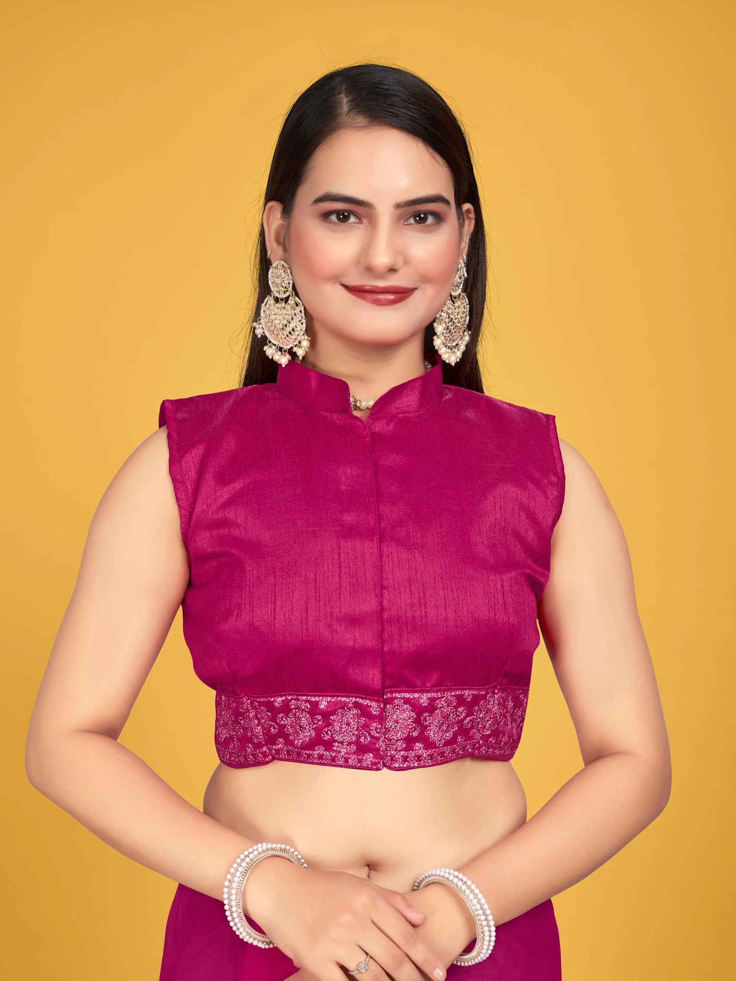 MANOHARI Women Georgette Most Trendy Embroidery Pink Saree With Blouse Piece
