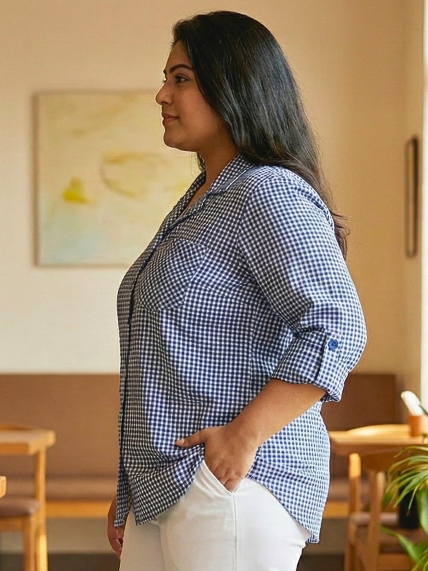 Indietoga Women Plus Size Checks Woven Cotton Wool Blend Winter Wear Shirt (P10001664_Blue Checks_2XL)