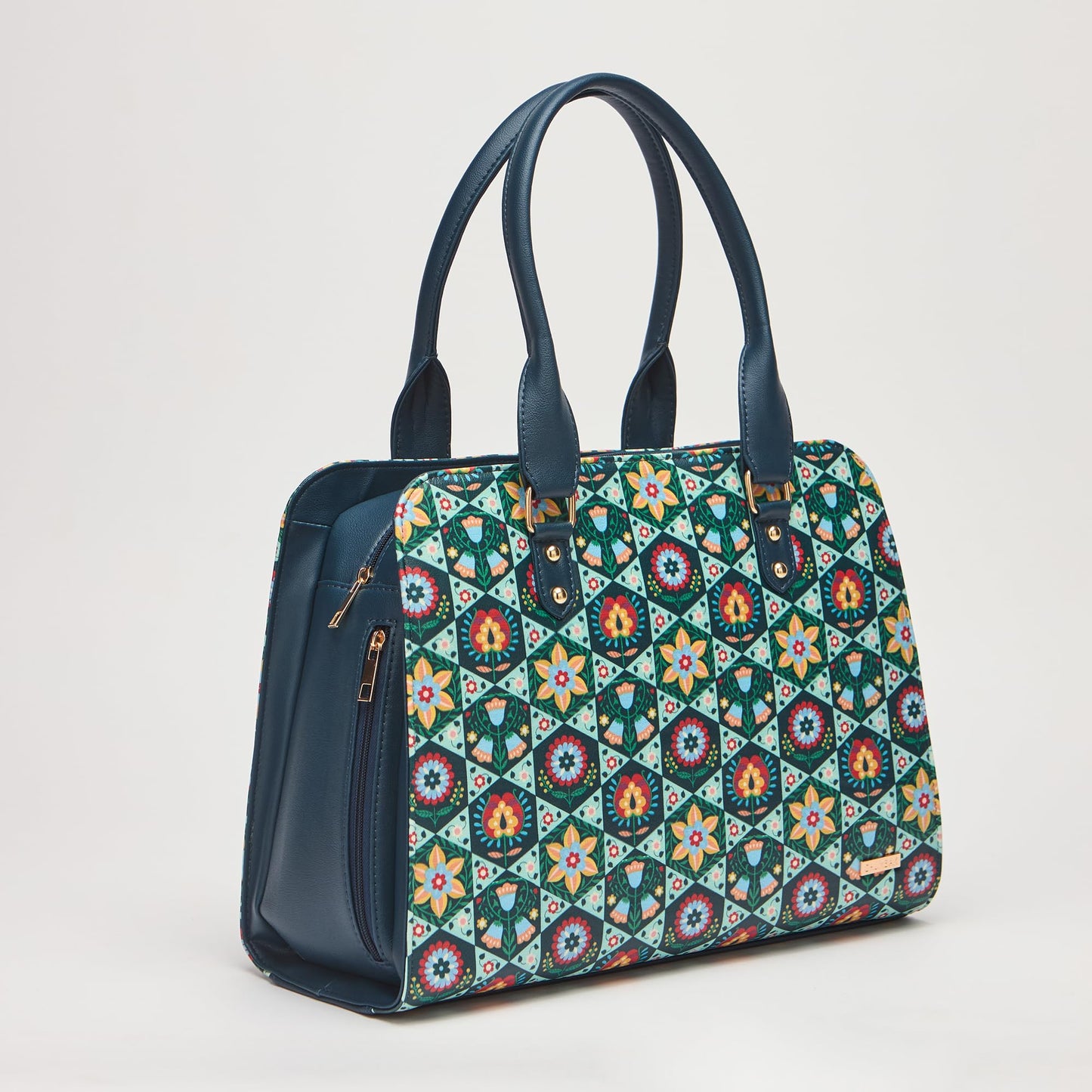 Chumbak Naples Tote Bag for Women, Navy Floral PU Leather, Digital Nomad Collection, Spacious and Stylish Travel Tote, Zipper Closure, Great for Office and Daily Use