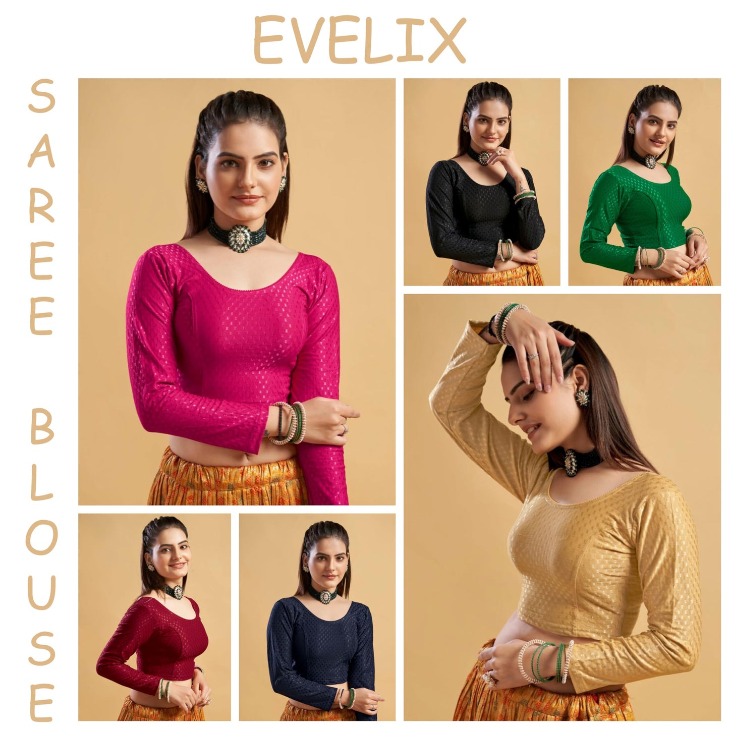 EVELIX Stylish Women's Full Sleeve Blouses: Stretchable, Breathable Dobby Cotton, Round Scoop Neck Designs Perfect for Saree & Choli Blouse for Women (44, Magenta Pink)