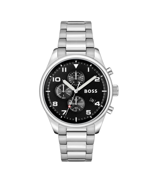 BOSS View Qtz Fashion Chrono Black Round Dial Men's Watch|Stainless Steel Material|Silver Color Band - 1514008