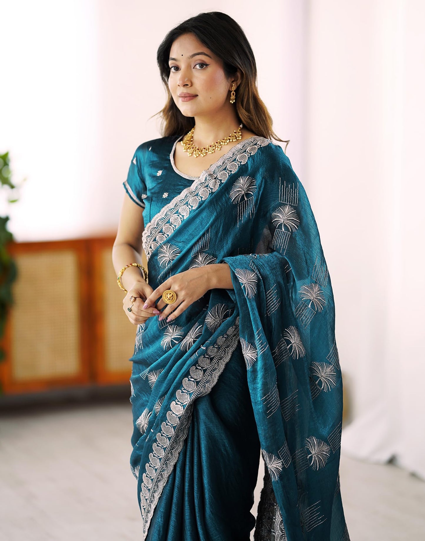 SIRIL Women's Simmer Chiffon Embroidery Saree With Unstitched Blouse Piece (4488S232_Teal Blue)