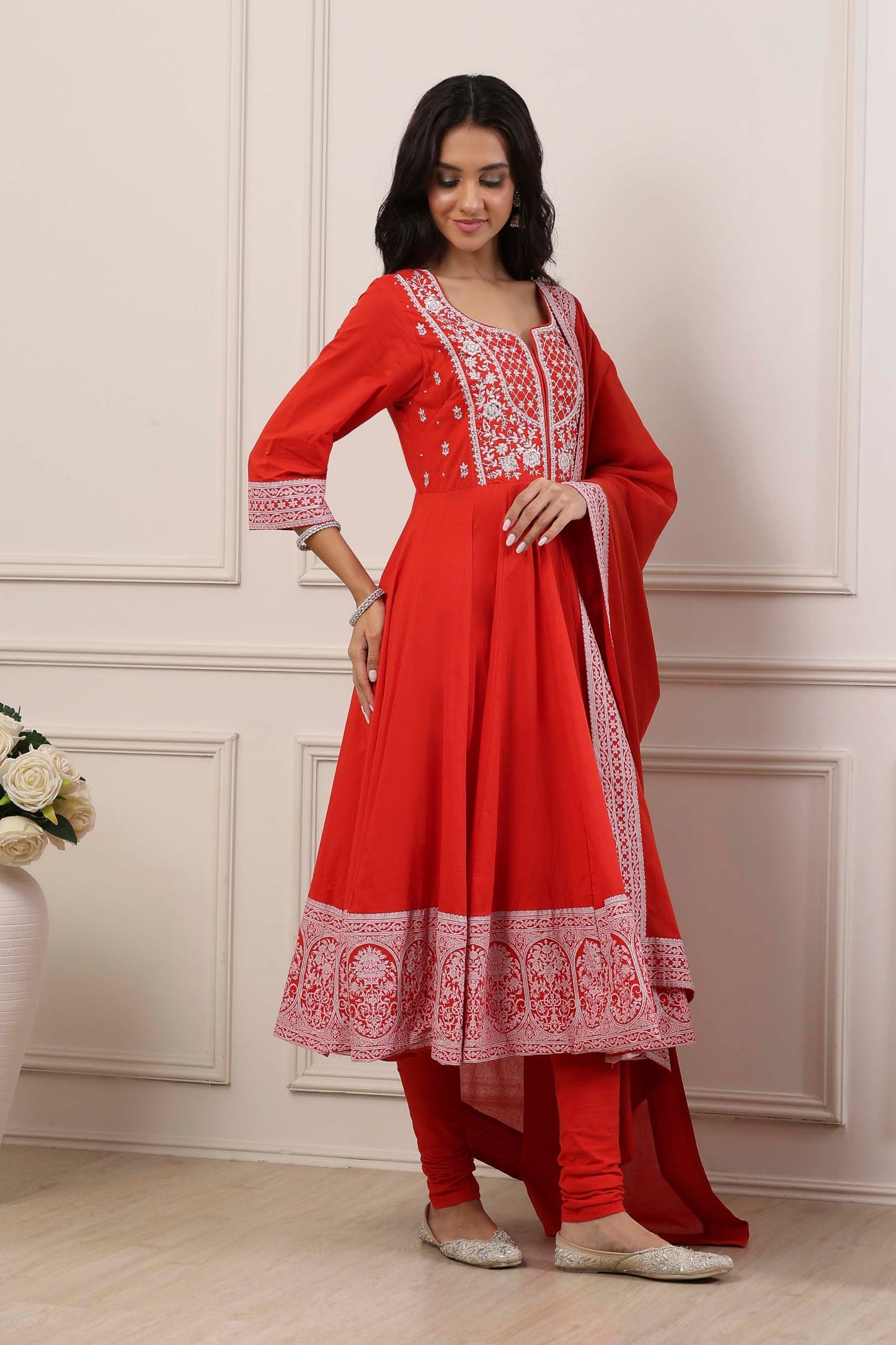 Biba Women Red Cotton Kalidar Suit Set_32