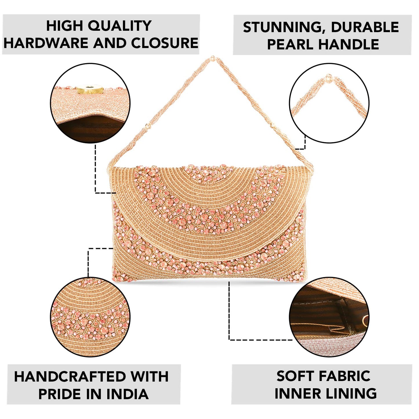 Peora Clutch Women's Purse Bridal Bag For Casual Detachable Strap Evening Sling Bag (Rose Gold)-C72C