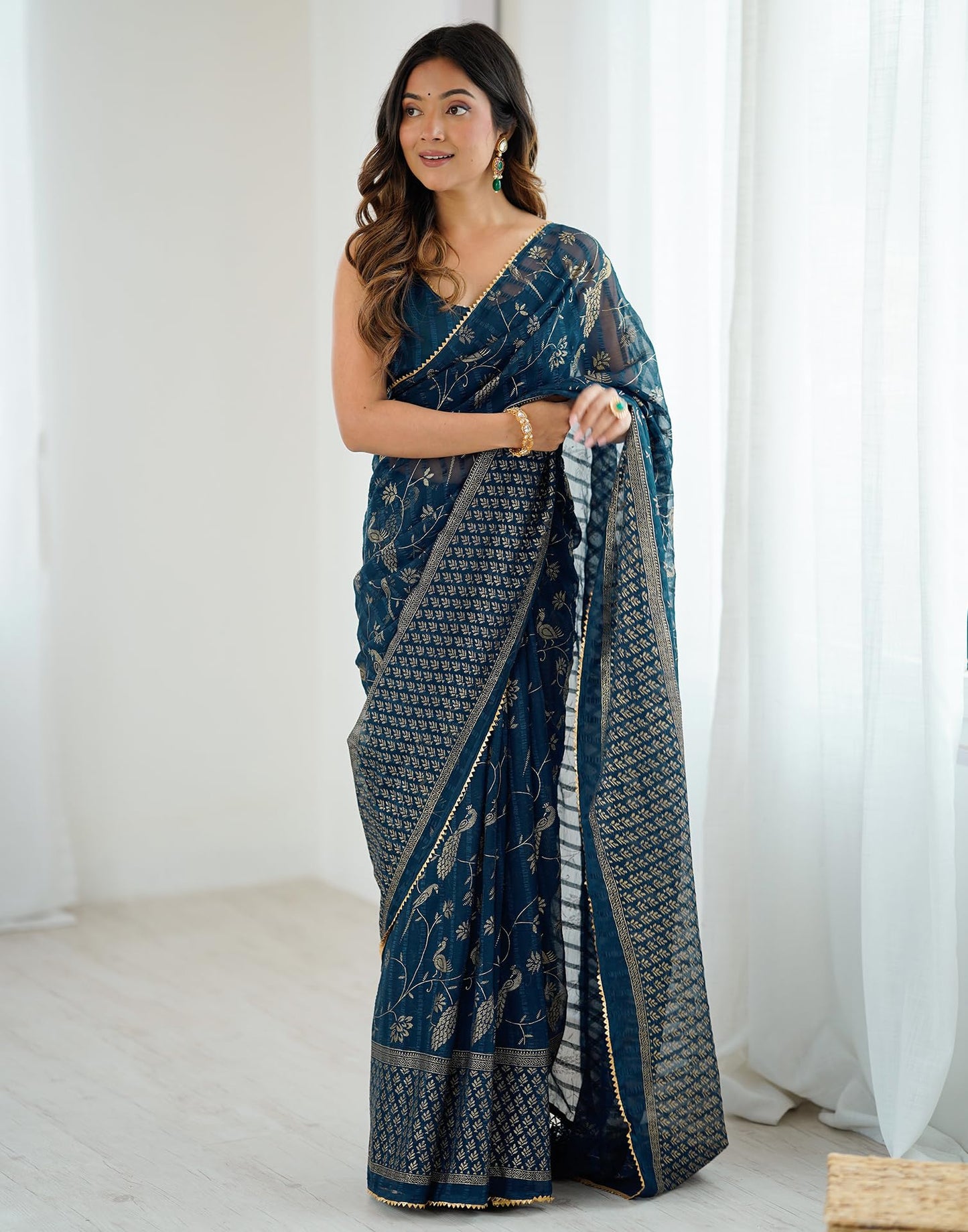 SIRIL Women's Georgette Foil with Floral Print & Weaving Saree with Unstitched blouse (4742S822_Blue)