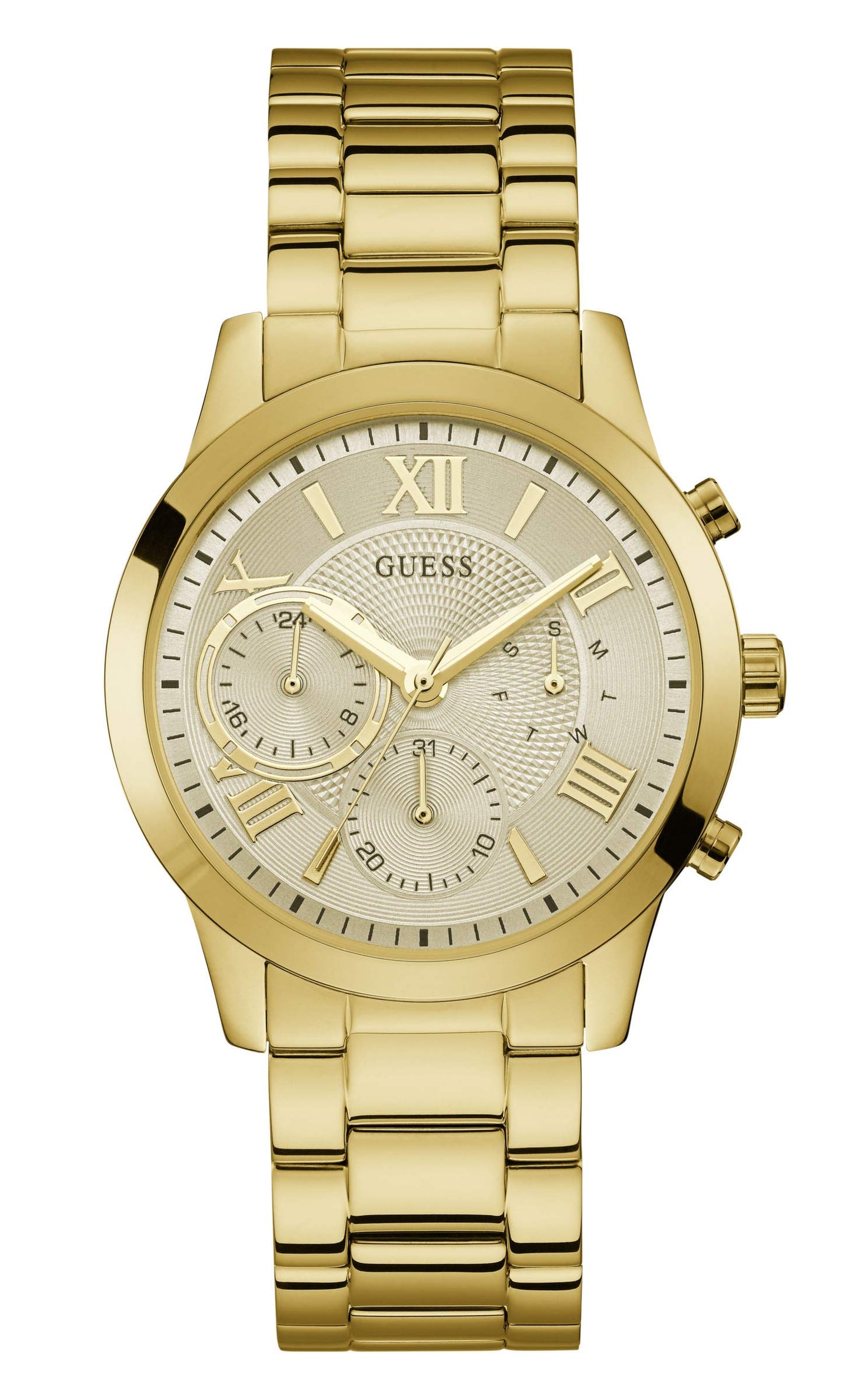 Guess Analog Champagne Dial Women's Stainless Steel Watch-W1070L2, Band Color:Gold