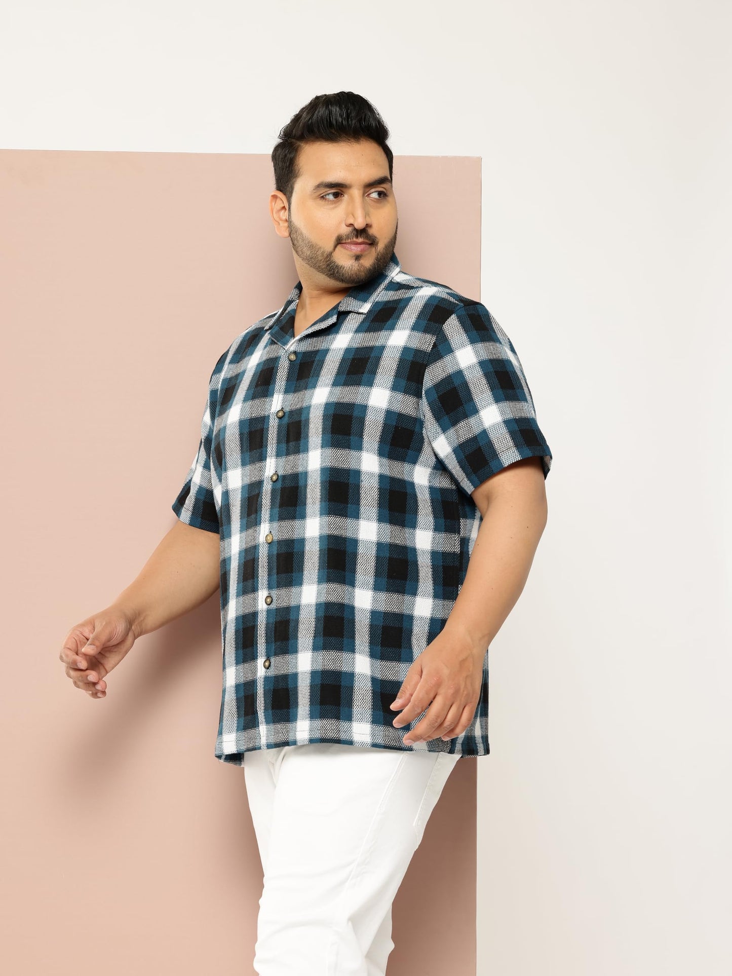 Thomas Scott Men | Short Sleeves | Regular Fit Plus Size | Windowpane Checks | 100% Cotton | Cuban Collar | Casual Shirt(TS1729_Teal_6XL)