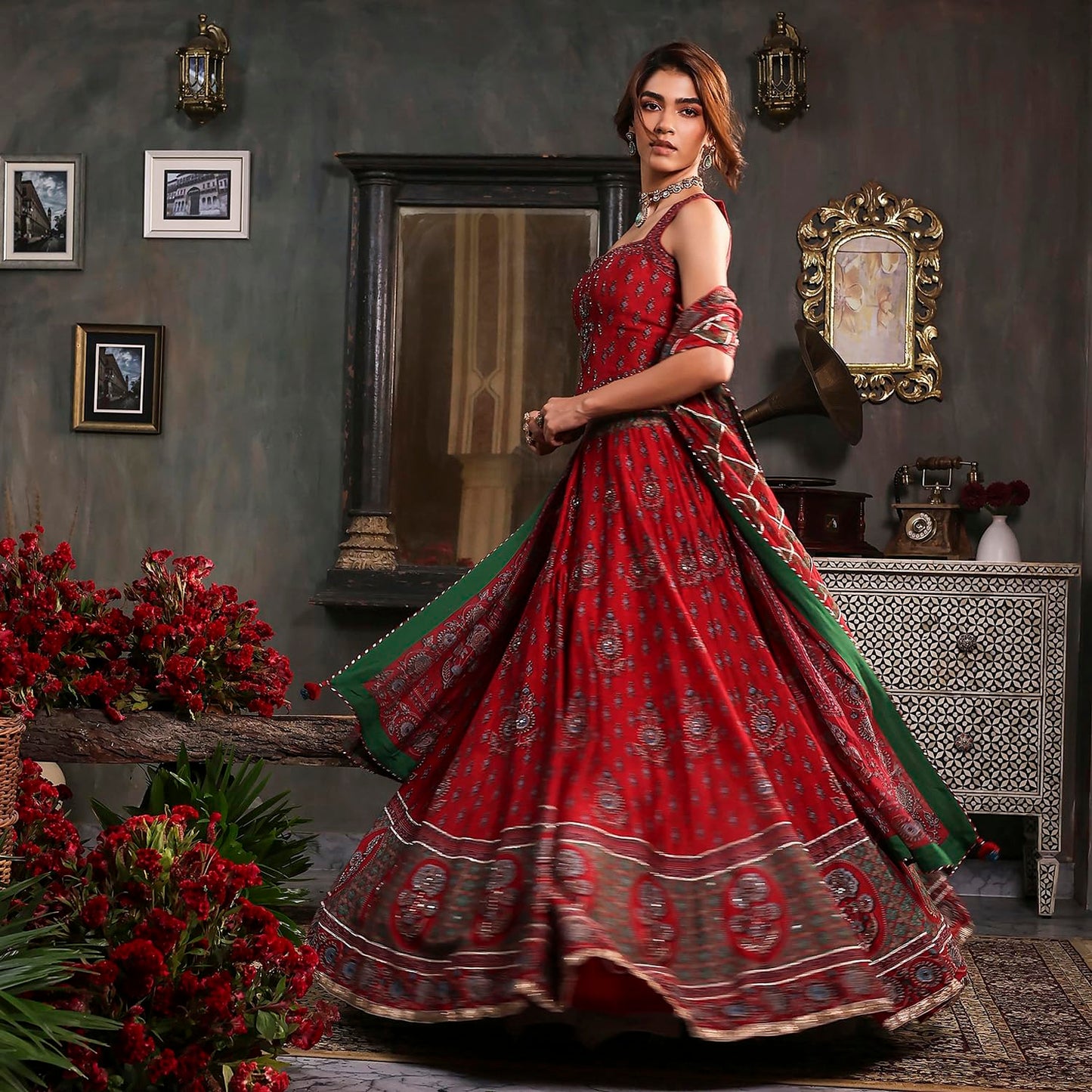 Biba Women's Silk Chanderi Lehenga Set (SKDRSTELE30317AW25RED_Red_32)