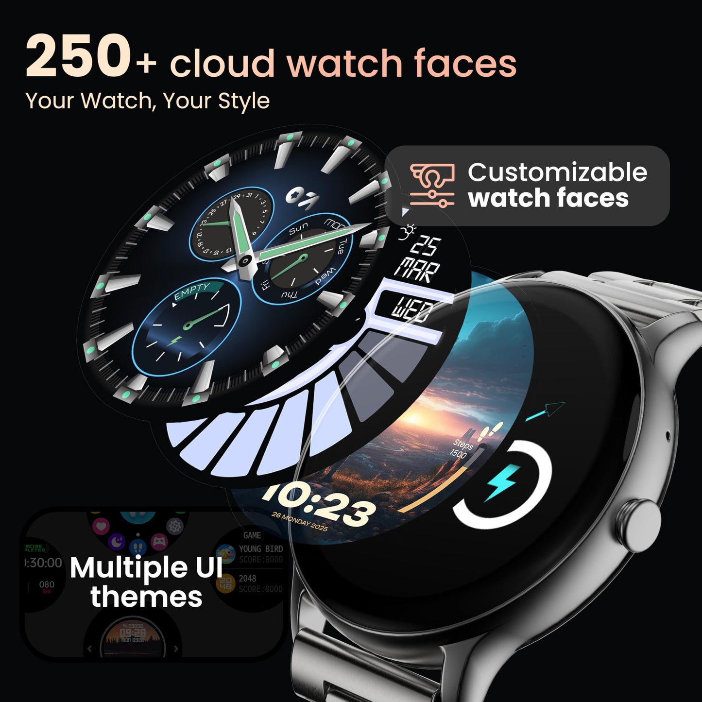 GOBOULT Newly Launched Dire Smartwatch 1.38'' 2.5D Curved HD Display, BT Calling, 500 Nits Brightness, IP67, 250+ Watchfaces, 120+ Sports Modes, AI Voice Assistant, SpO2 Monitoring (Chrome)