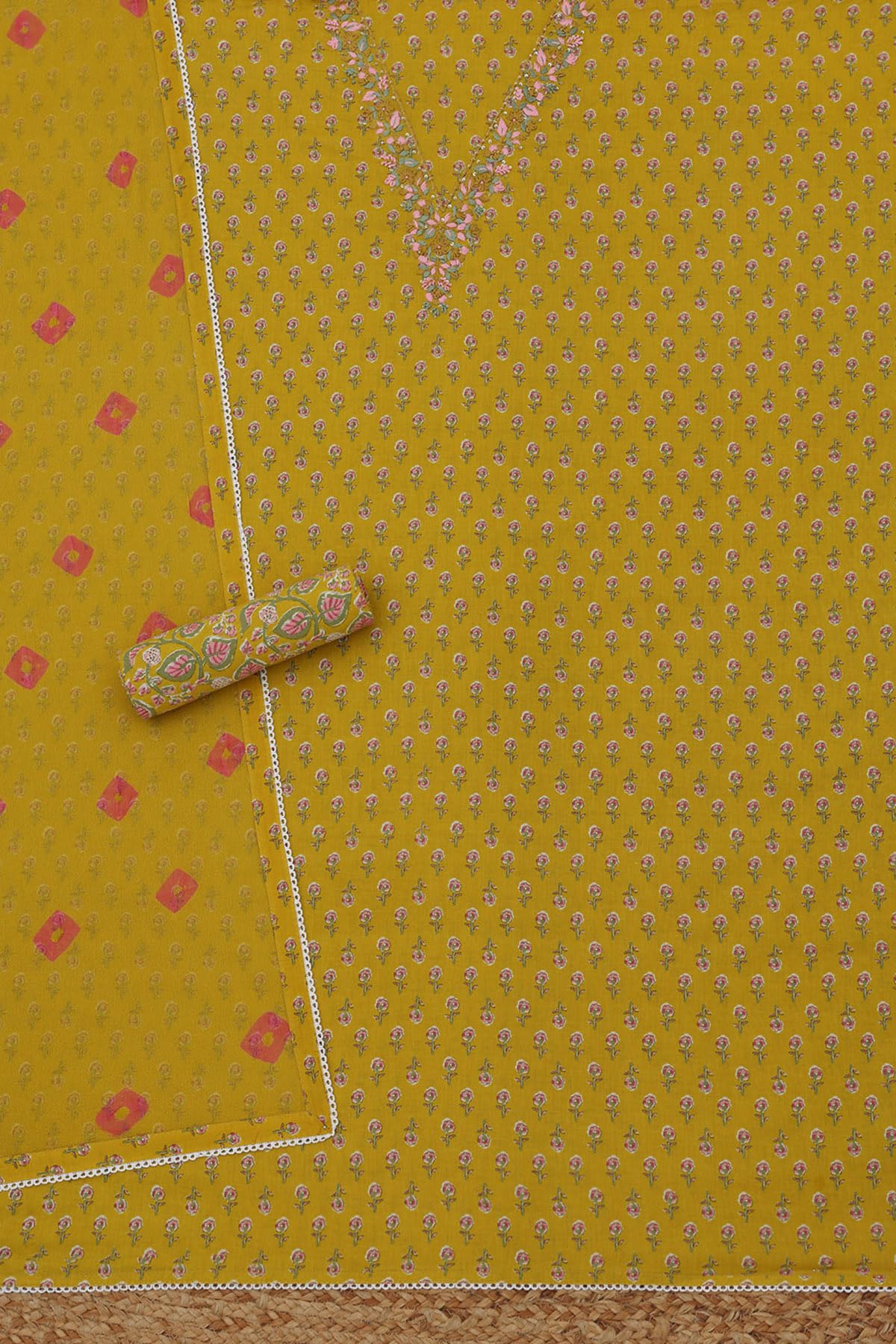 Soch Womens Mustard Cotton Floral Dress Material With Thread Work