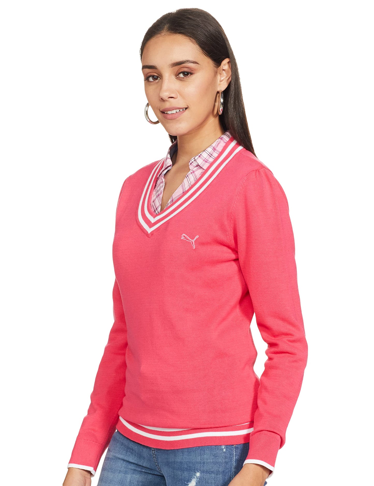 Puma Women's Cotton and Wool V-Neck Pullover Sweater (56835501_Red_L)