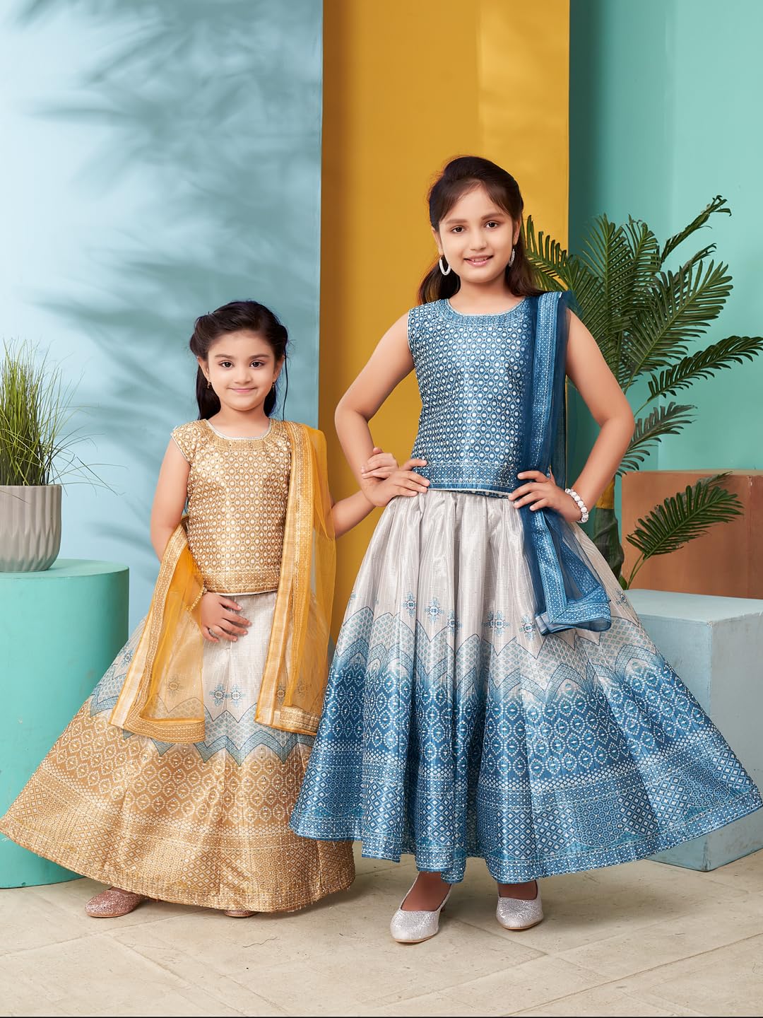 Aarika Girls Turquoise Colour Printed Embellished Stone Silk Lehenga Choli Set (5-11 Years)