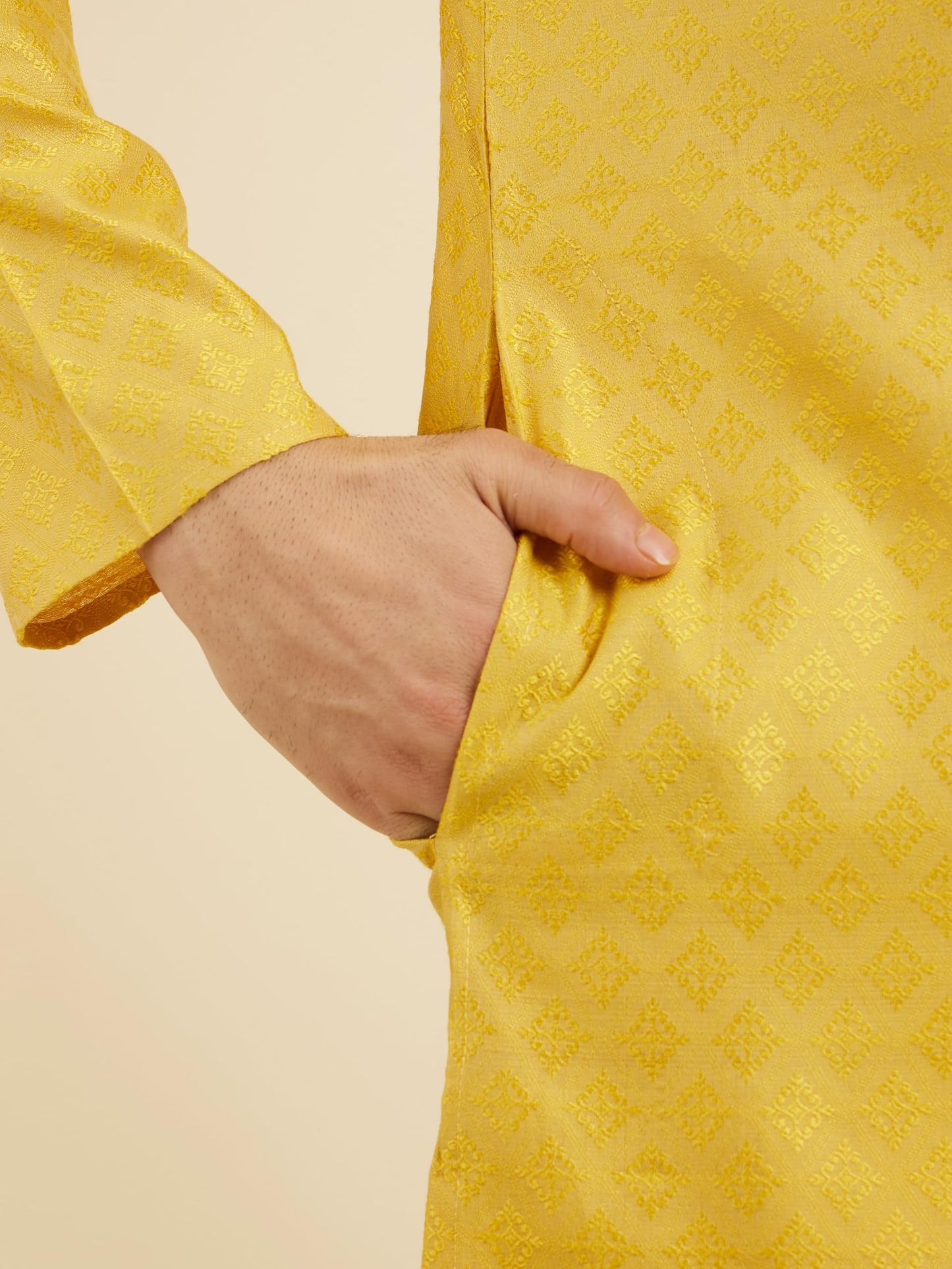 Manyavar Men's Art Silk Embroidered Kurta Pyjama Set (Mustard,XL)