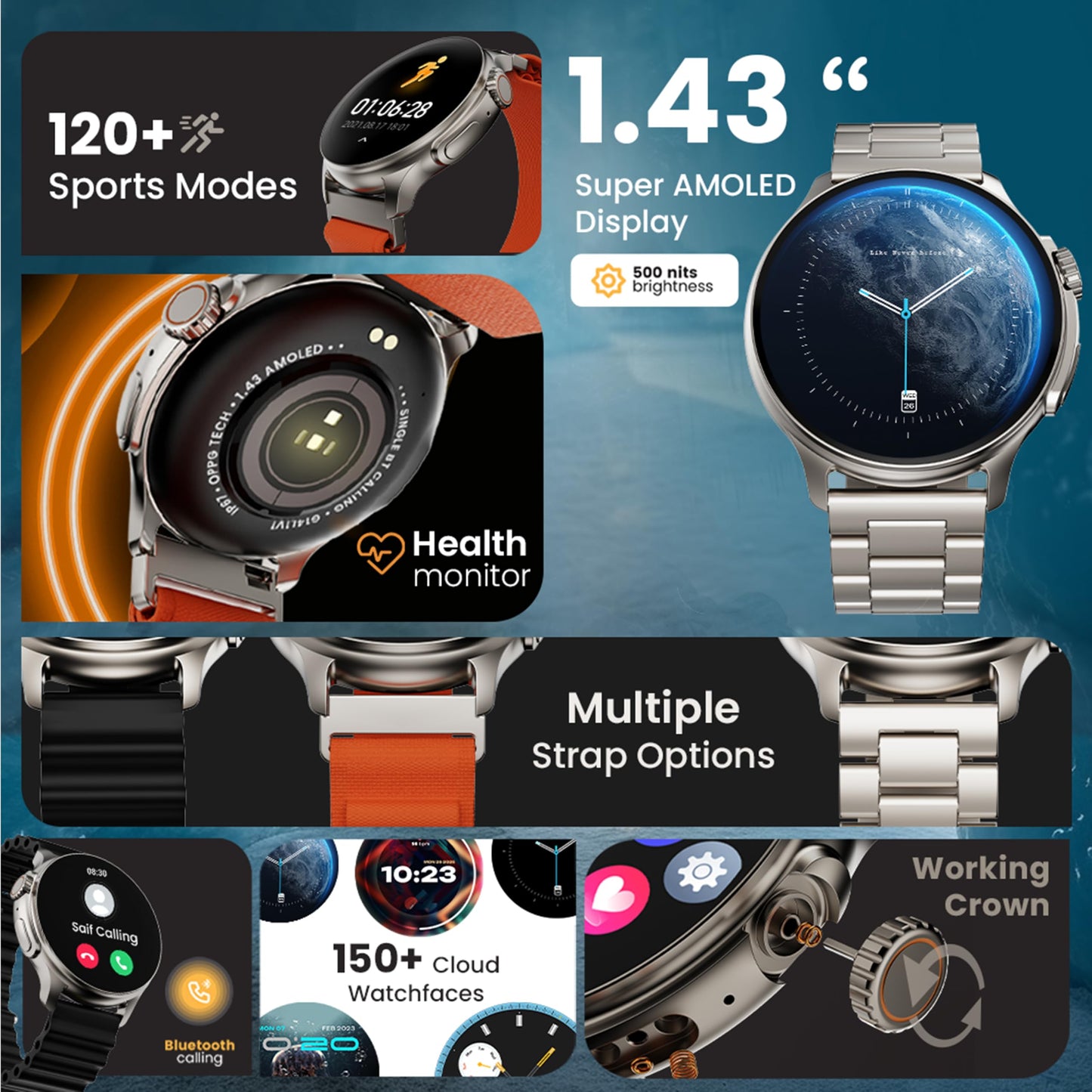 GOBOULT Newly Launched Crown R Pro Smart Watch 1.43''HD AMOLED, BT Calling, Working Crown, Zinc Alloy Frame, 600 Nits Brightness, AI Voice Assistant, SpO2 Monitoring, 120+ Sports Mode (Pure Black)