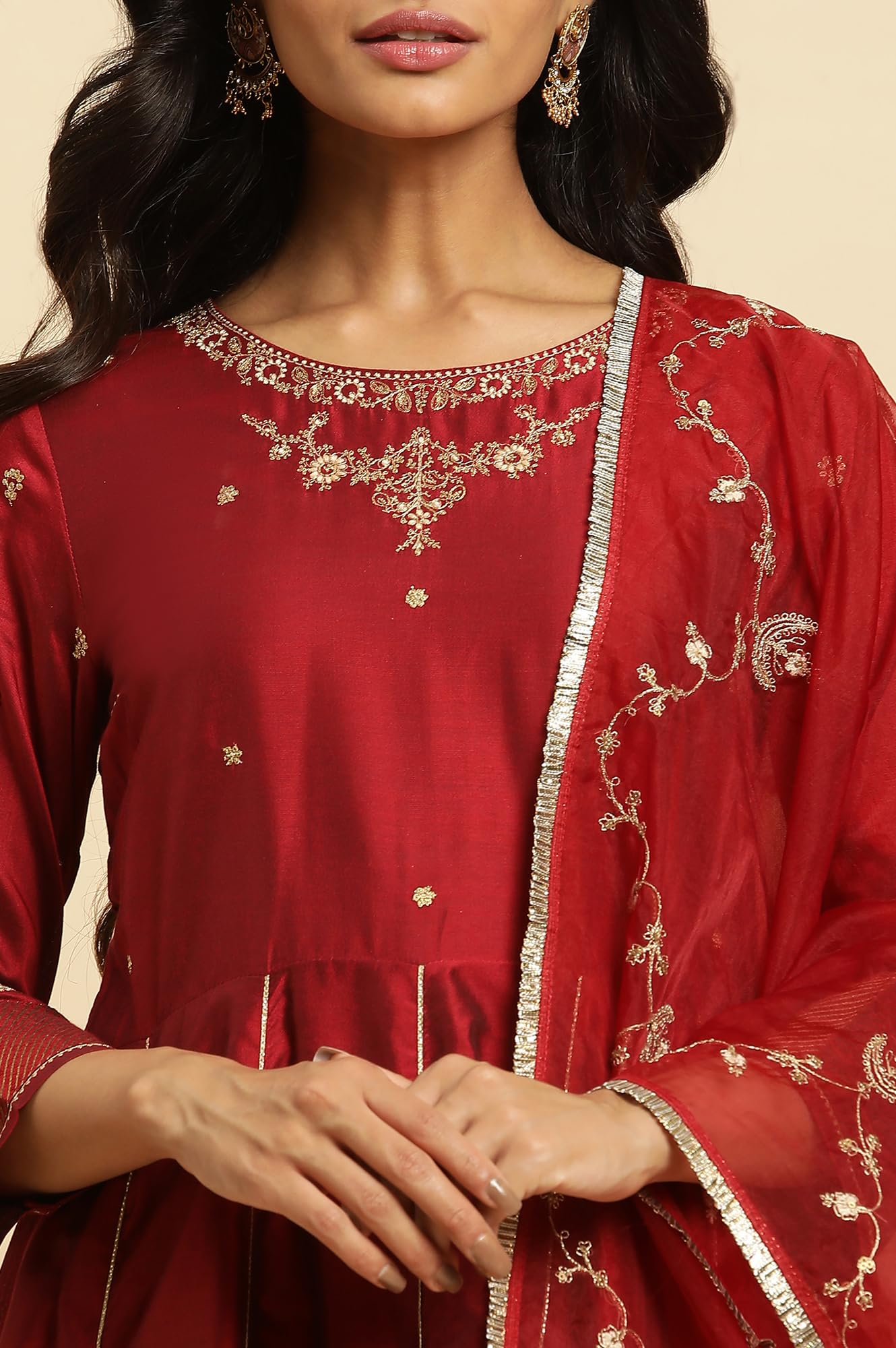 W for Woman Women Rayon Kurti Pant and Dupatta Set_23Auws10267-220298_M, Red