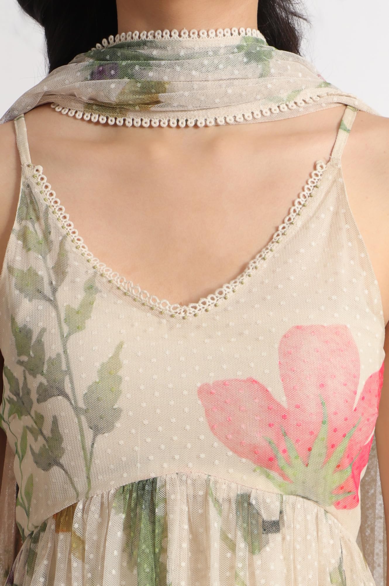 W for Woman Light Beige Floral Printed Swiss Dot Net Spaghetti Flared Kurta, Pants and Dupatta Set (Size: XL)-WS12397-125754