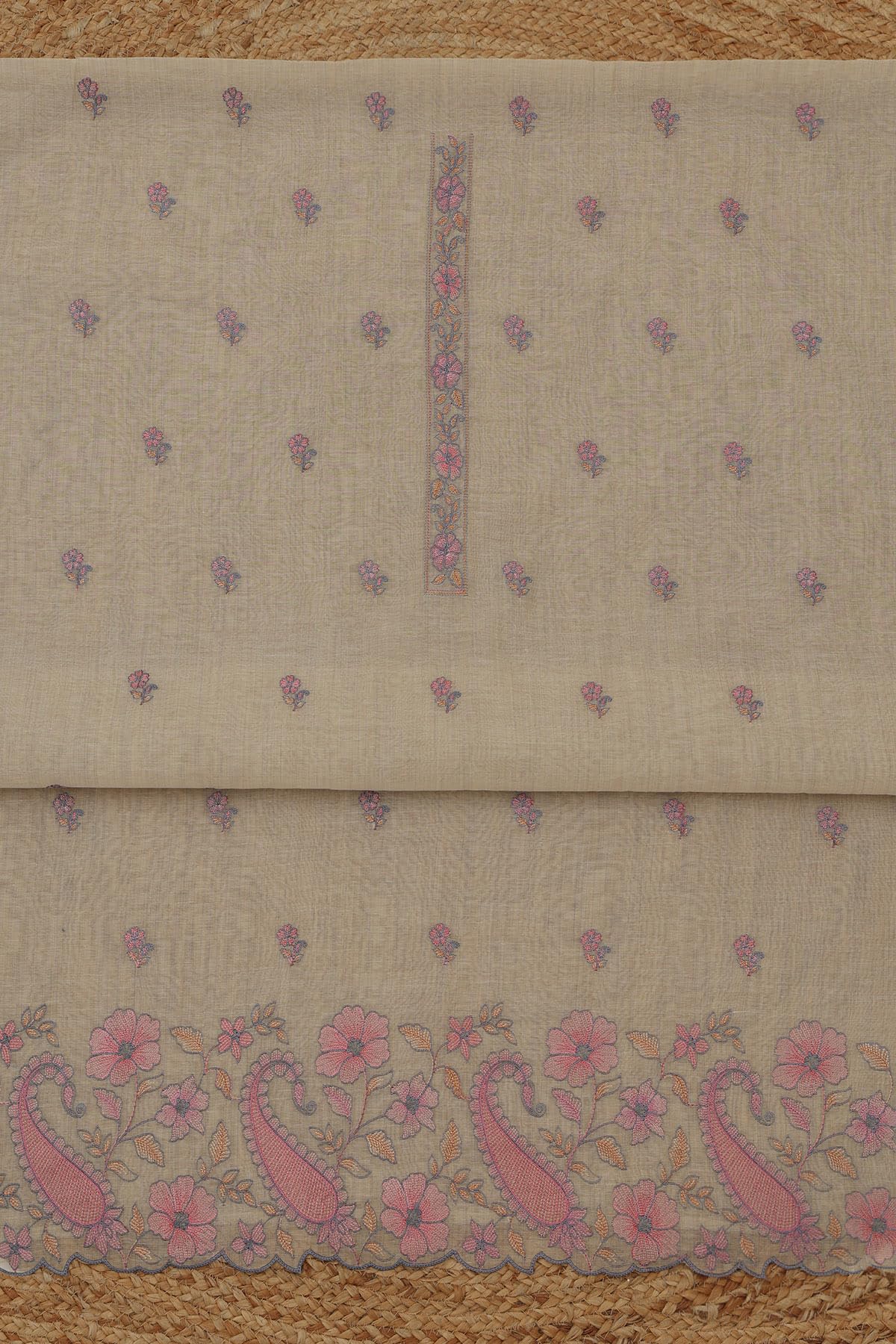 Soch Womens Beige Mul Chanderi Floral Dress Material With Thread Work