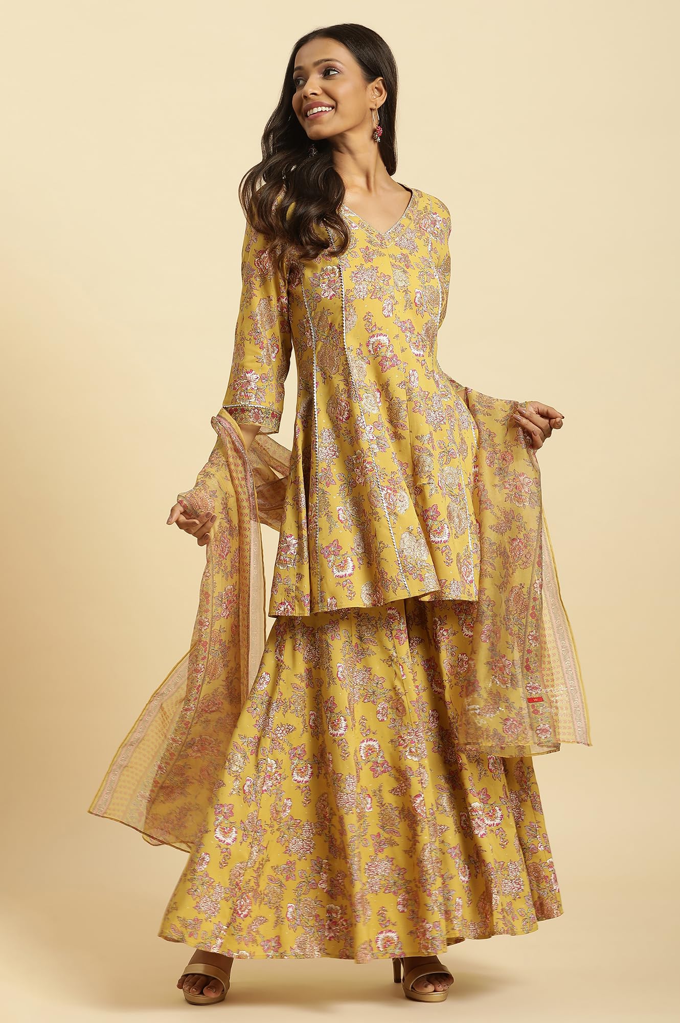 W for Woman Yellow Floral Printed Short Flared Kurta, Sharara And Dupatta Set (Size: 2XL)-23AUWS19717-121051