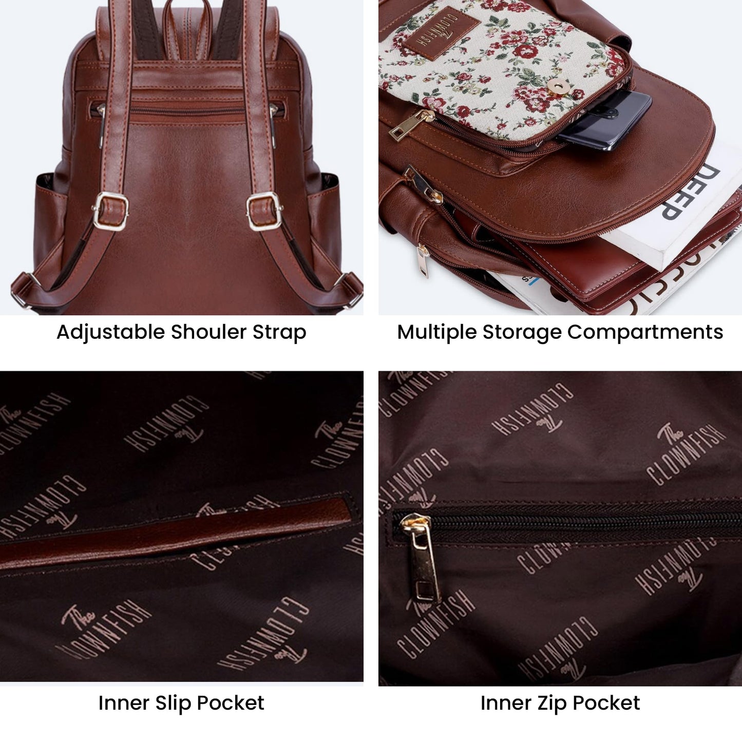 THE CLOWNFISH Medium Size Minerva Faux Leather & Tapestry Women's Standard Backpack College School Bag Casual Travel Standard Backpack For Ladies Girls (White- Floral), 10 Litre