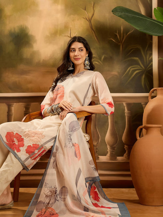 Stylum Women's Printed & Embroidered Soft Organza Straight Kurta Pant Dupatta Set