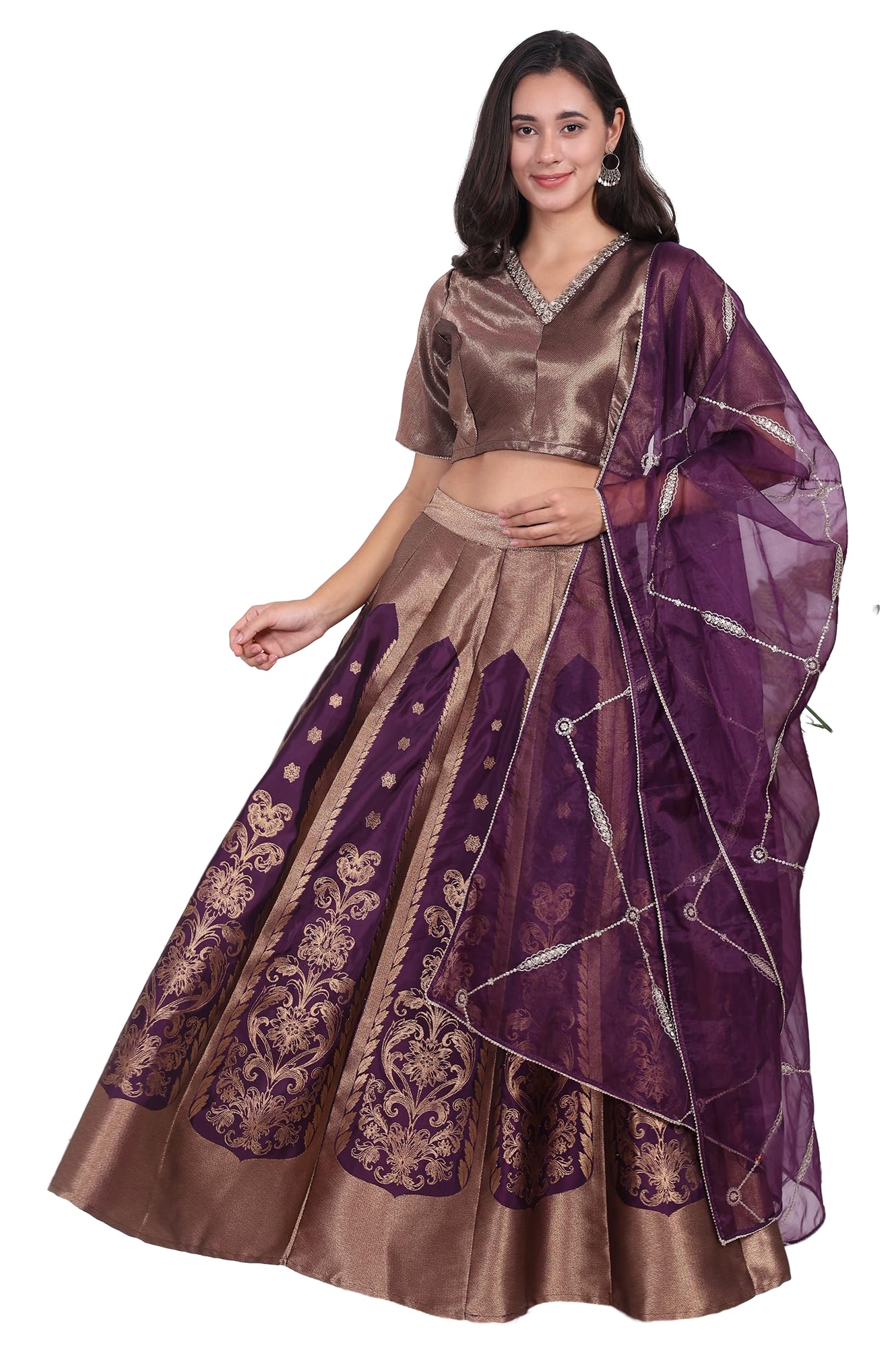 W for Woman Purple Embellished Jacquard Straight Crop Top, Skirt and Dupatta Set - (WS13240-314468-S)