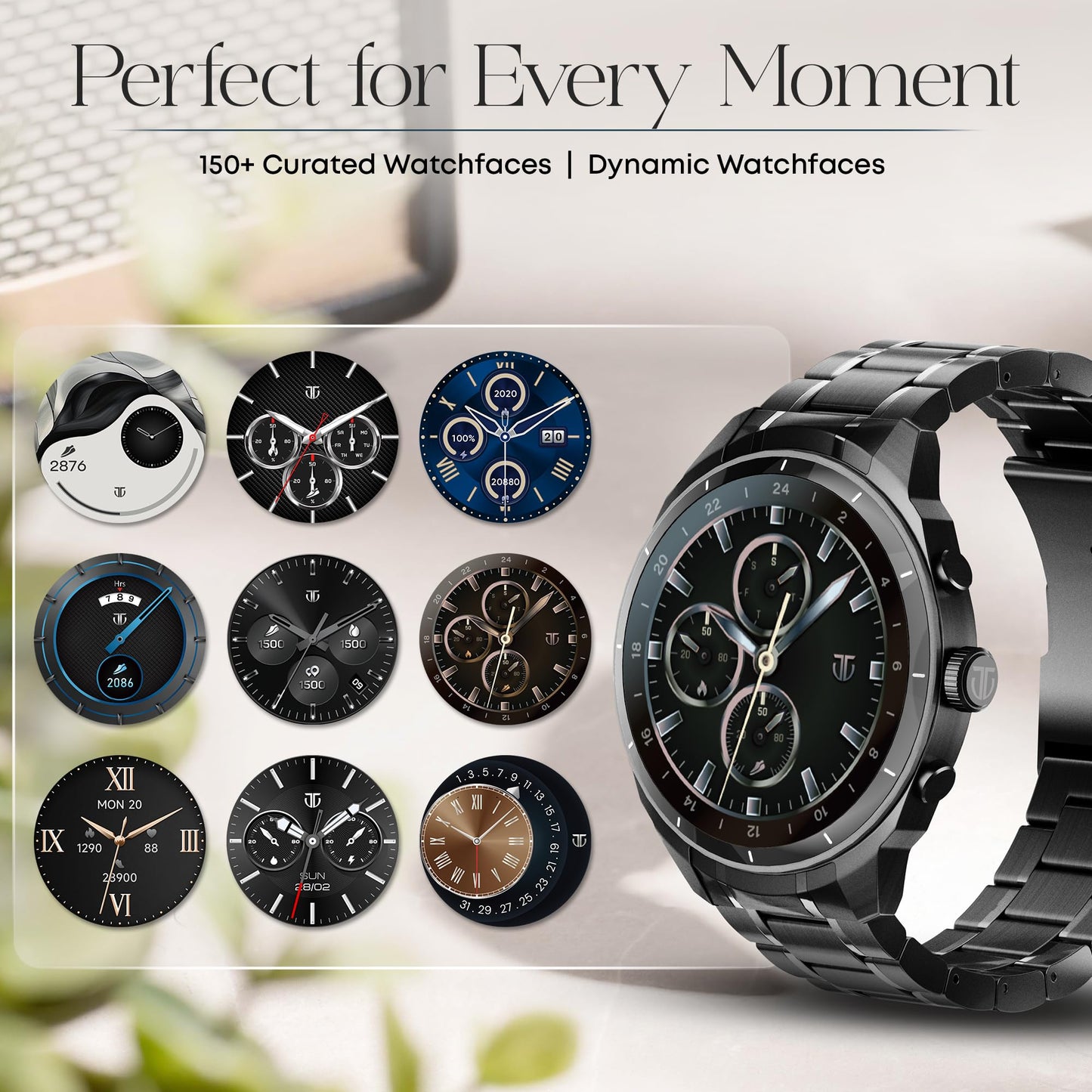 Titan Heritage 1.43" AMOLED Stainless Steel Bracelet Smart Watch for Men, BT Calling, Voice Assistant, Quick Health Measurement, Functional Crown, 3D UI, 60Hz Display, Fast Charging (Black)