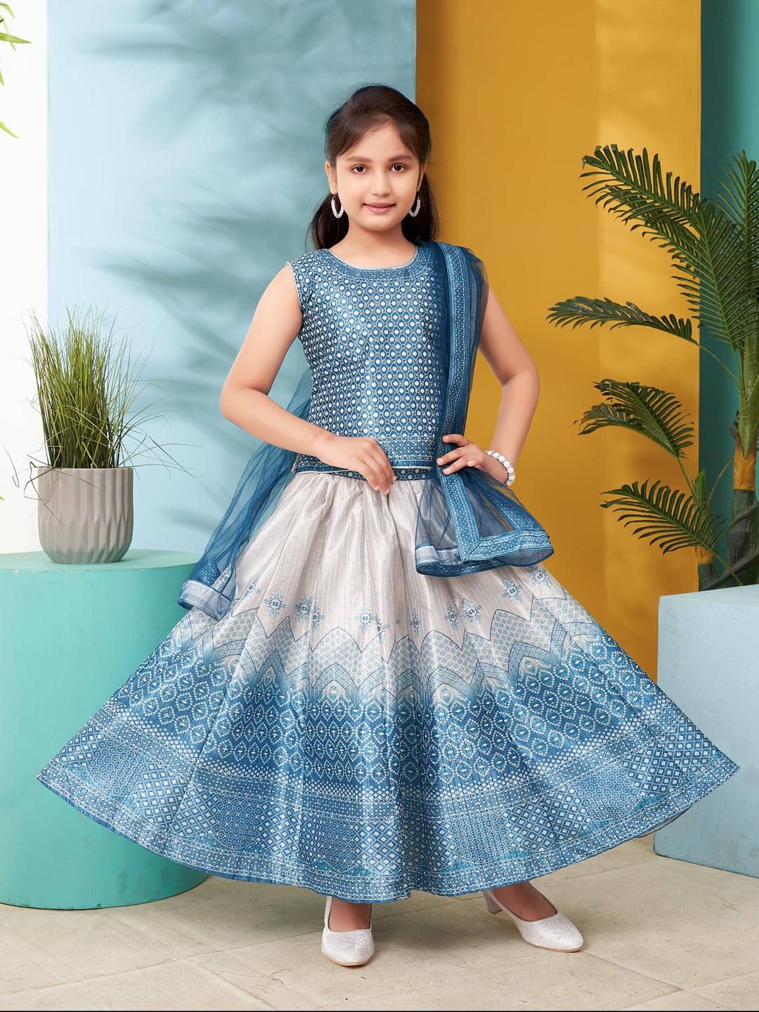 Aarika Girls Turquoise Colour Printed Embellished Stone Silk Lehenga Choli Set (5-11 Years)