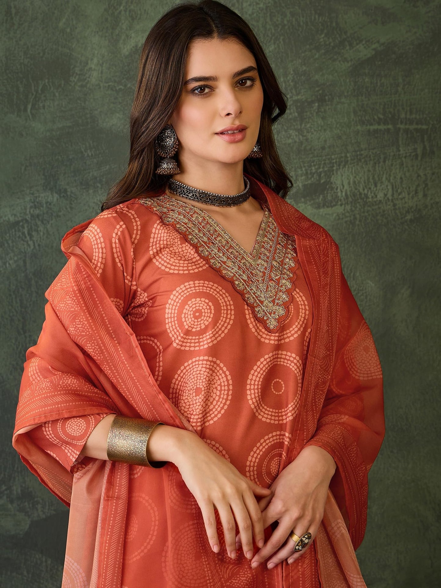 VARNI FABRIC Rayon Kurta Set for Women | Full Sleeves Embroidered Straight Kurta with Pant & Dupatta | Festive Wedding Ethnic Wear | Perfect for Office Summer | Orange | 2XL