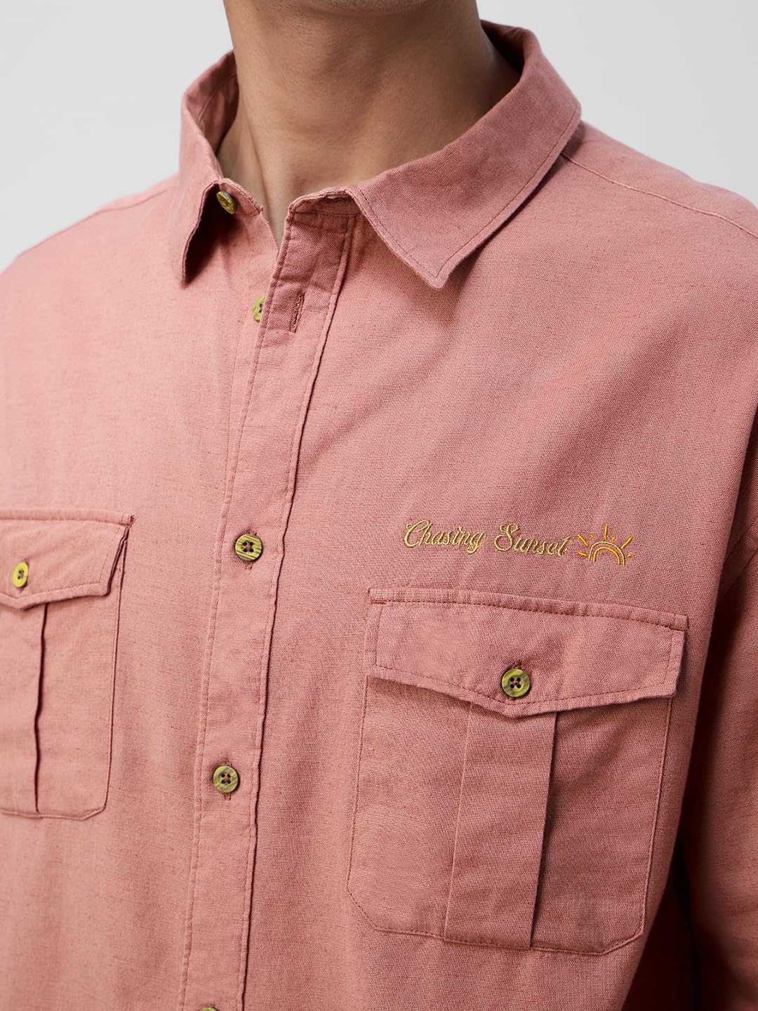 The Souled Store Cotton Linen Utility: Rosewood Men and Boys Long Sleeves Collared Neck Pink Embroidered Relaxed Fit Lightweight Casual Cotton Linen Shirt