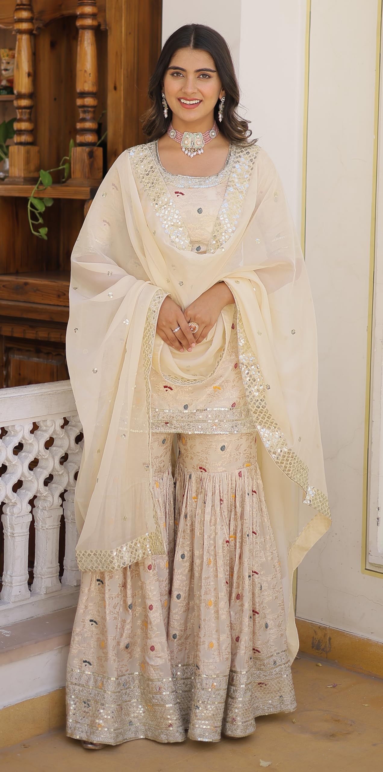 Fashion Basket Women's White Georgette Anarkali Kurta Set with Duptta for Women (White, XXL)