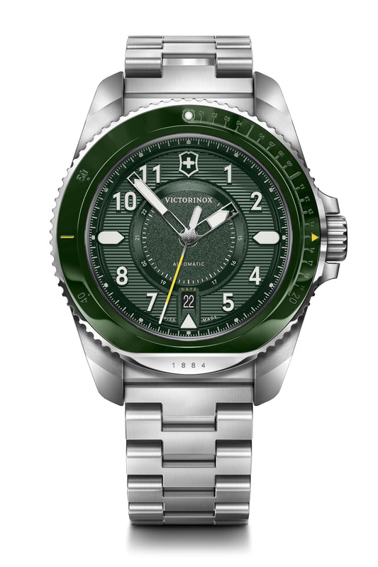 Victorinox Stainless Steel Journey 1884, Automatic Swiss Made Men's Analog Watch, Green Dial, 43 Mm, Water Resistant Up To 200 M, Sellita Sw 200-1 Movement, Wrist Watch For Men | 242015,Silver Band
