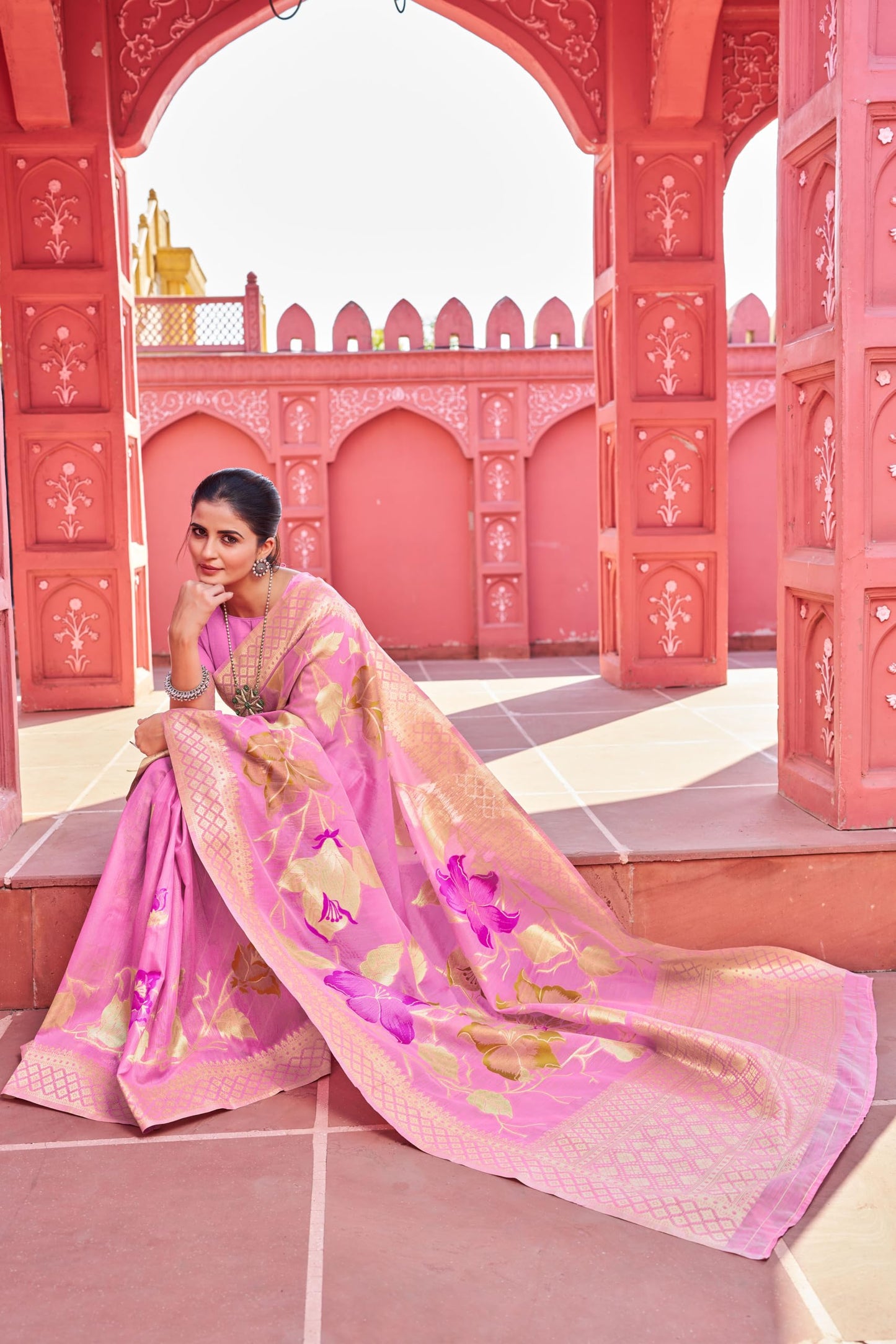 SWORNOF Womens Kanjivaram Banarasi Silk Saree Patola saree with Unstitched blouse piece (BABY PINK)