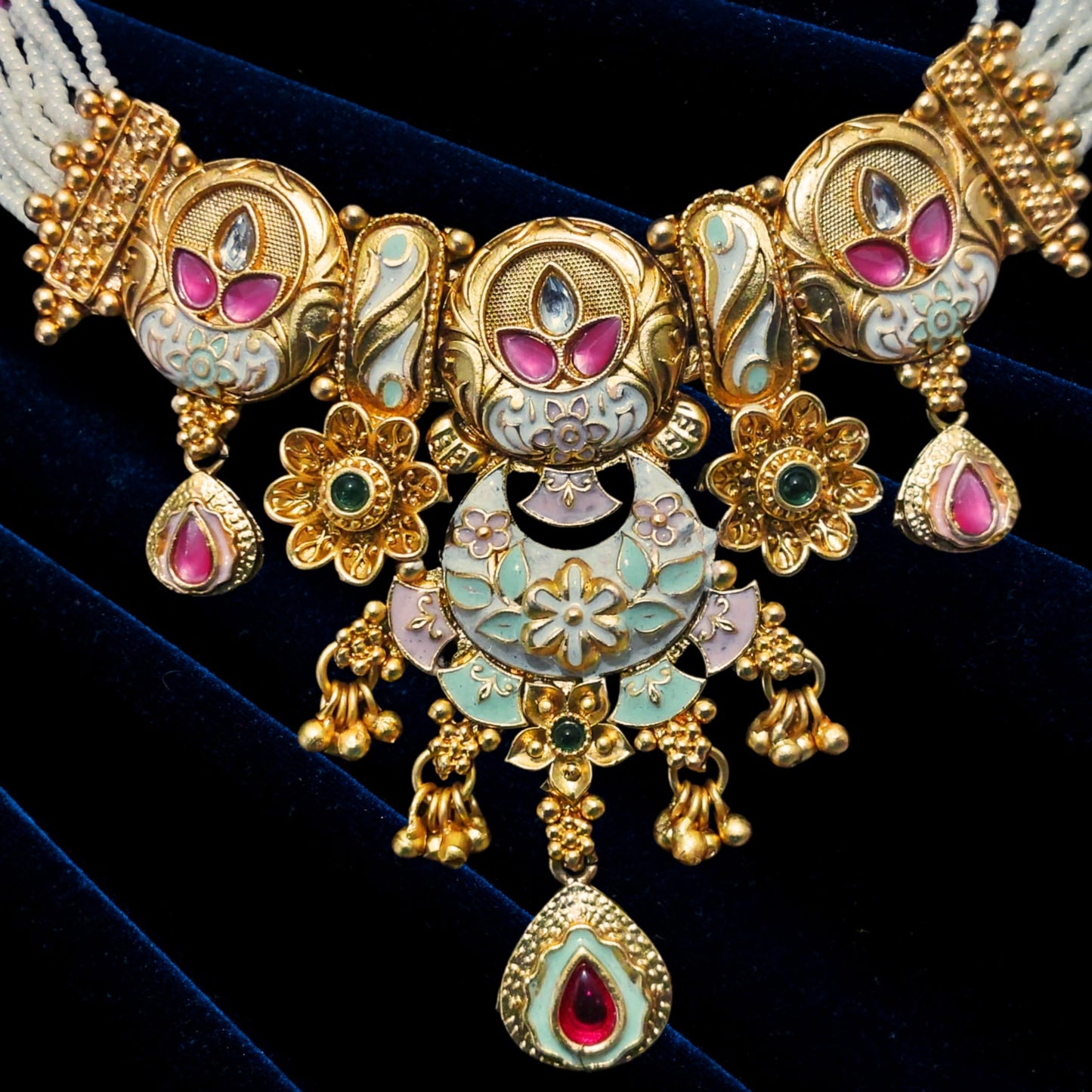 Achyut The Infalliable Women's Rajwadi Gold Plated Chik Necklace Set with Earrings - Rajwadi Floral Design Chokor Motimala Jewellery for Girls pink and green