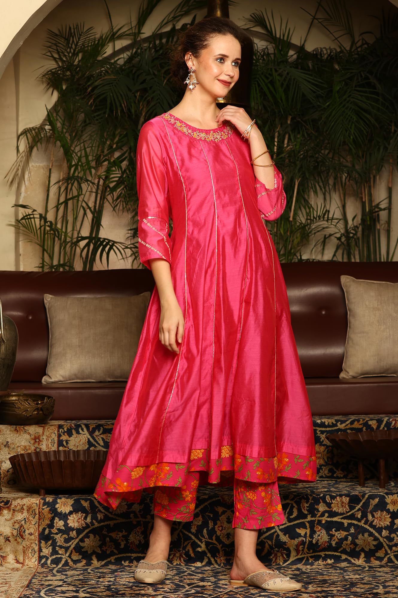 W for Woman Magenta Pink Chanderi Dori Embroidered Anarkali Kurta, Pants and Dupatta Set (Size: XS)-24AUWS11468-221979
