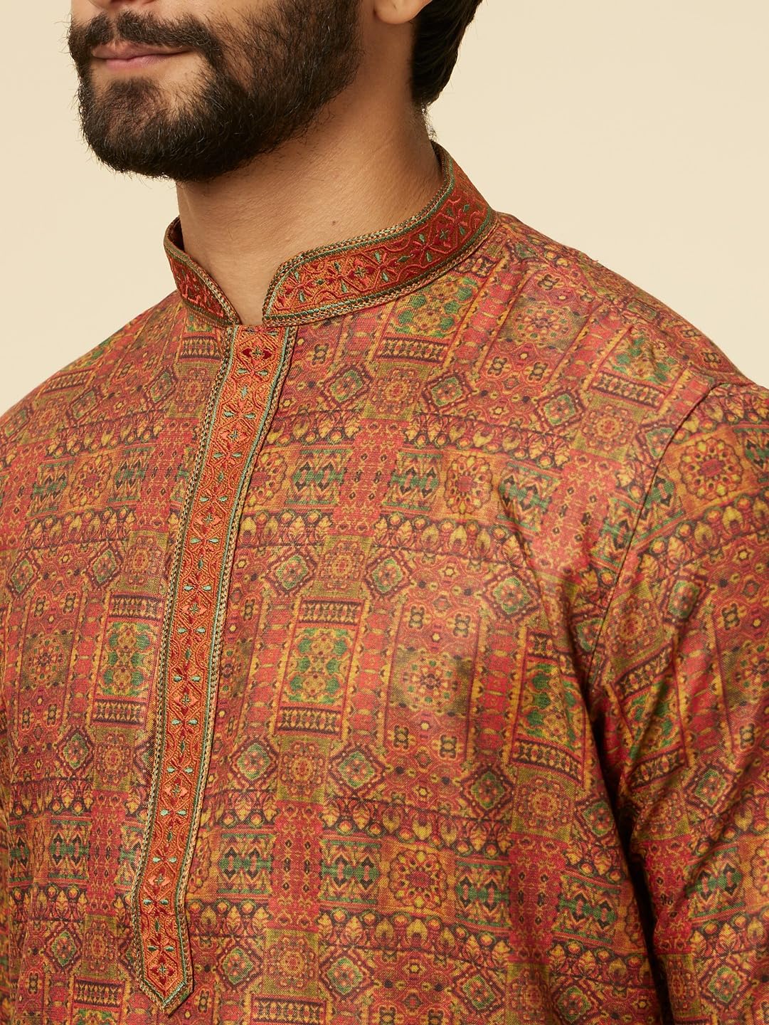 Manyavar Rust Blended Viscose Digital Print | Embroidery Kurta Pyjama Set
