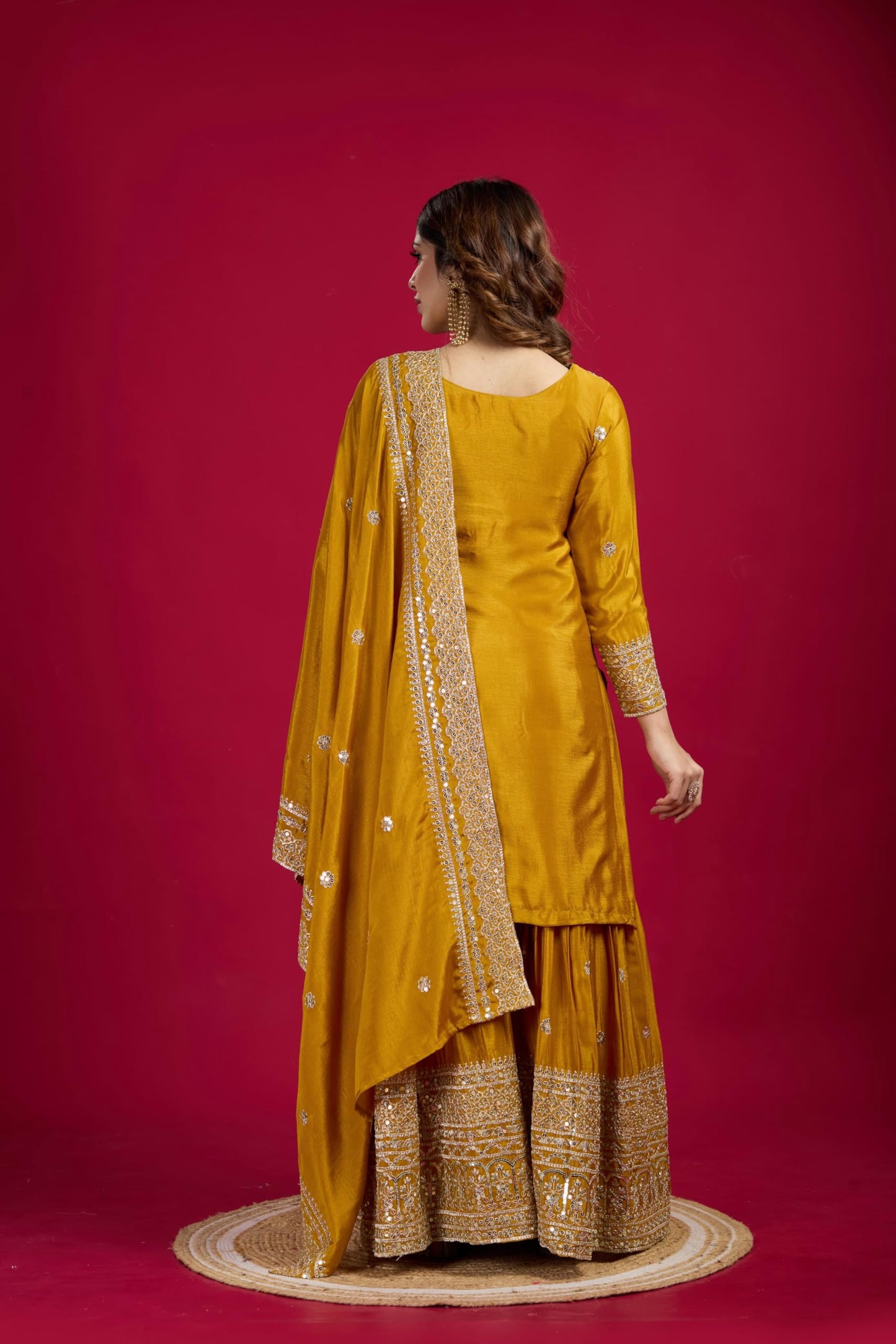 Brulry Women's Yellow Embroidered Chinnon Silk Kurta with Palazzo & With Dupatta