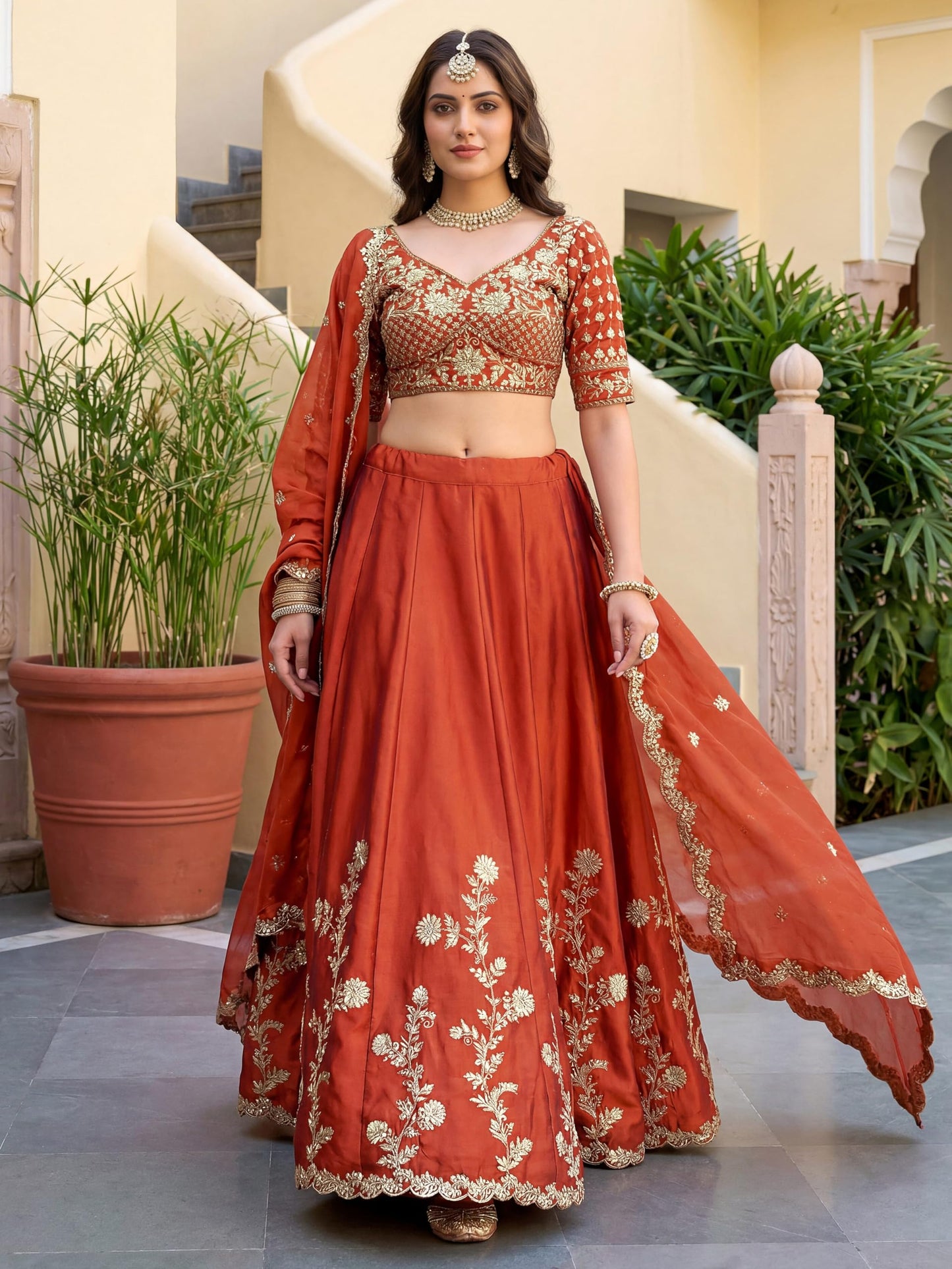 Zeel Clothing Women's Thread and Sequins Embroidered Work Silk Lehenga Choli With Dupatta (5135-Orange-Women-Lehenga-Choli-Latest; Free size) (Orange)